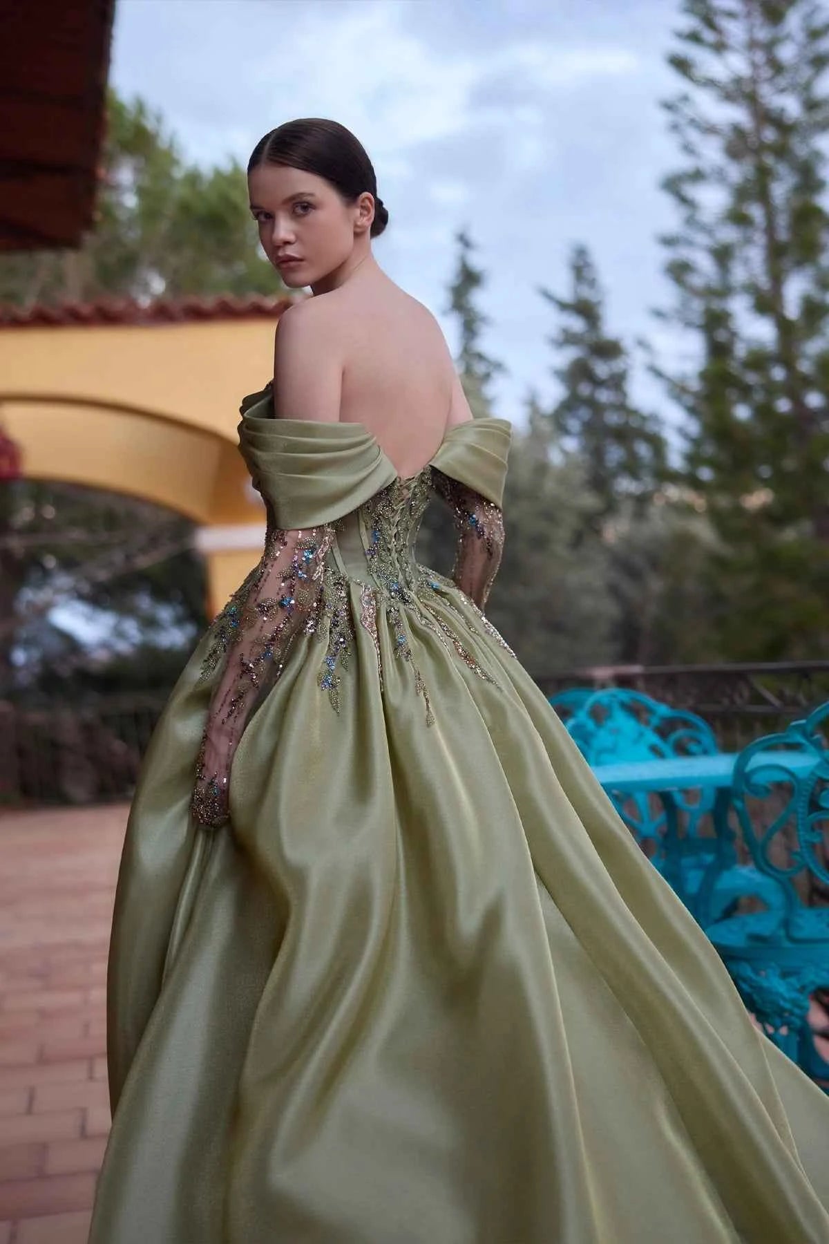 Low-Shoulder Draped Gold Embroidered Corset A-Line Evening Dress