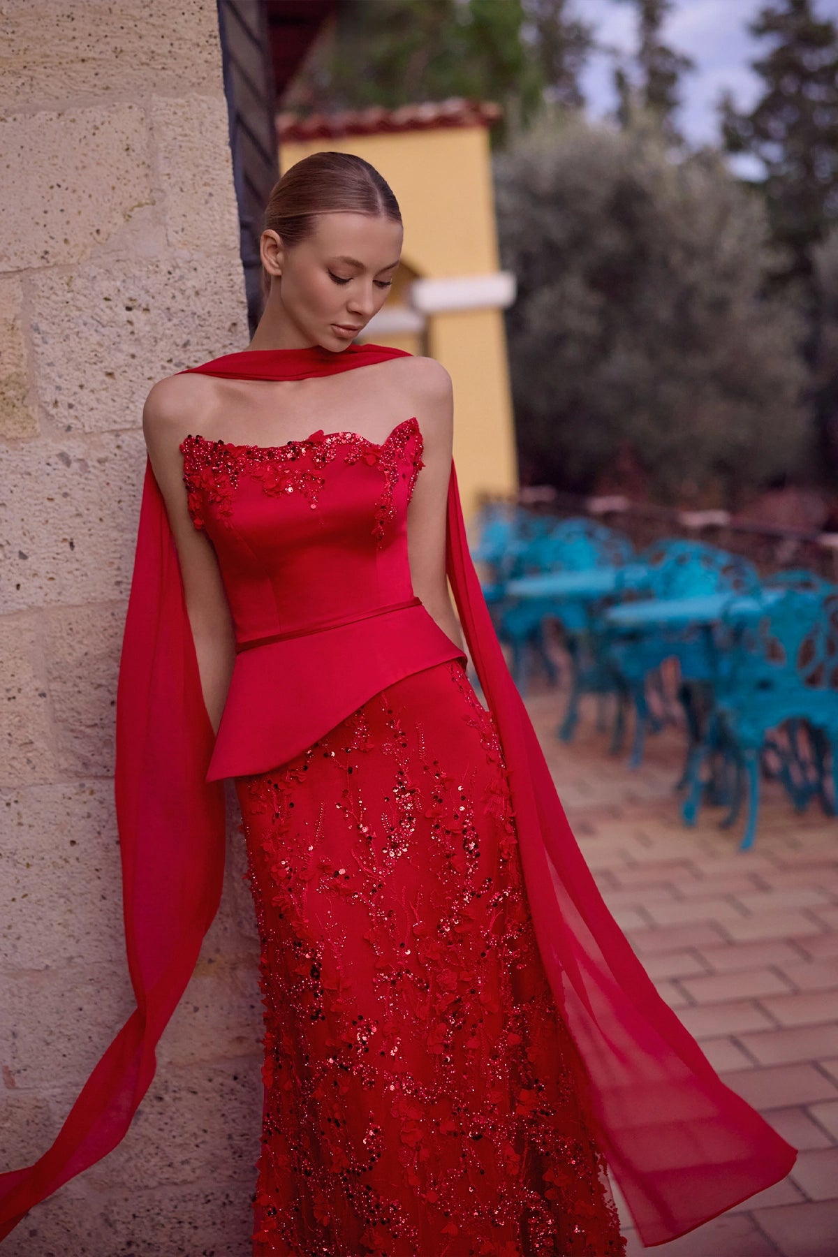 red dress with peplum Red Strapless Chiffon Scarf Peplum Corset 3D Floral Sequin Embellished – Annabella Bridal