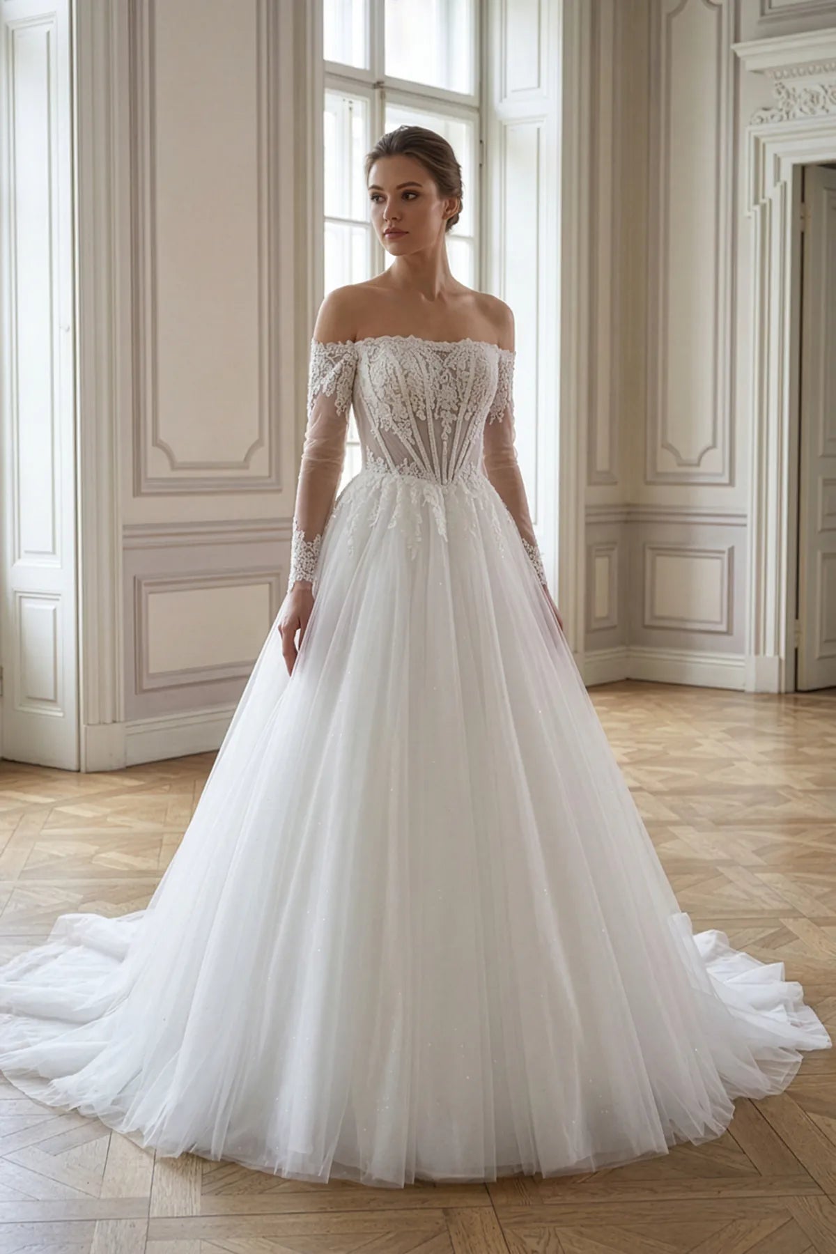 A-Line Wedding Dress with Sheer Boned Corset, Off-the-Shoulder, and Tu Annabella Bridal A-Line Wedding Dress with Sheer Boned Corset, Off-the-Shoulder, and Tu Annabella Bridal