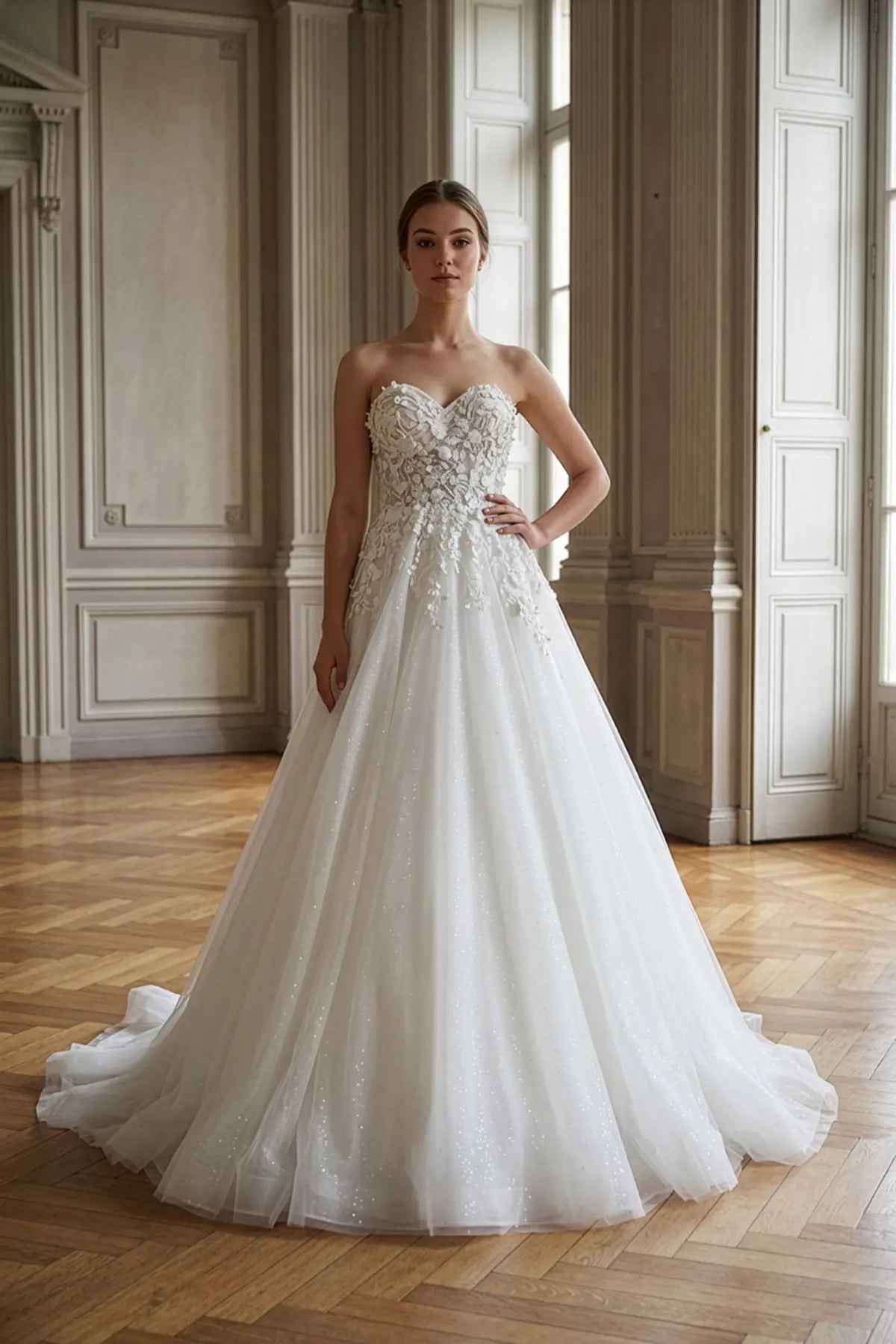3D Floral Embroidered Sweetheart Neckline Shimmering A-Line Wedding Dr Annabella Bridal 3D Floral Embroidered Sweetheart Neckline Shimmering A-Line Wedding Dr Annabella Bridal