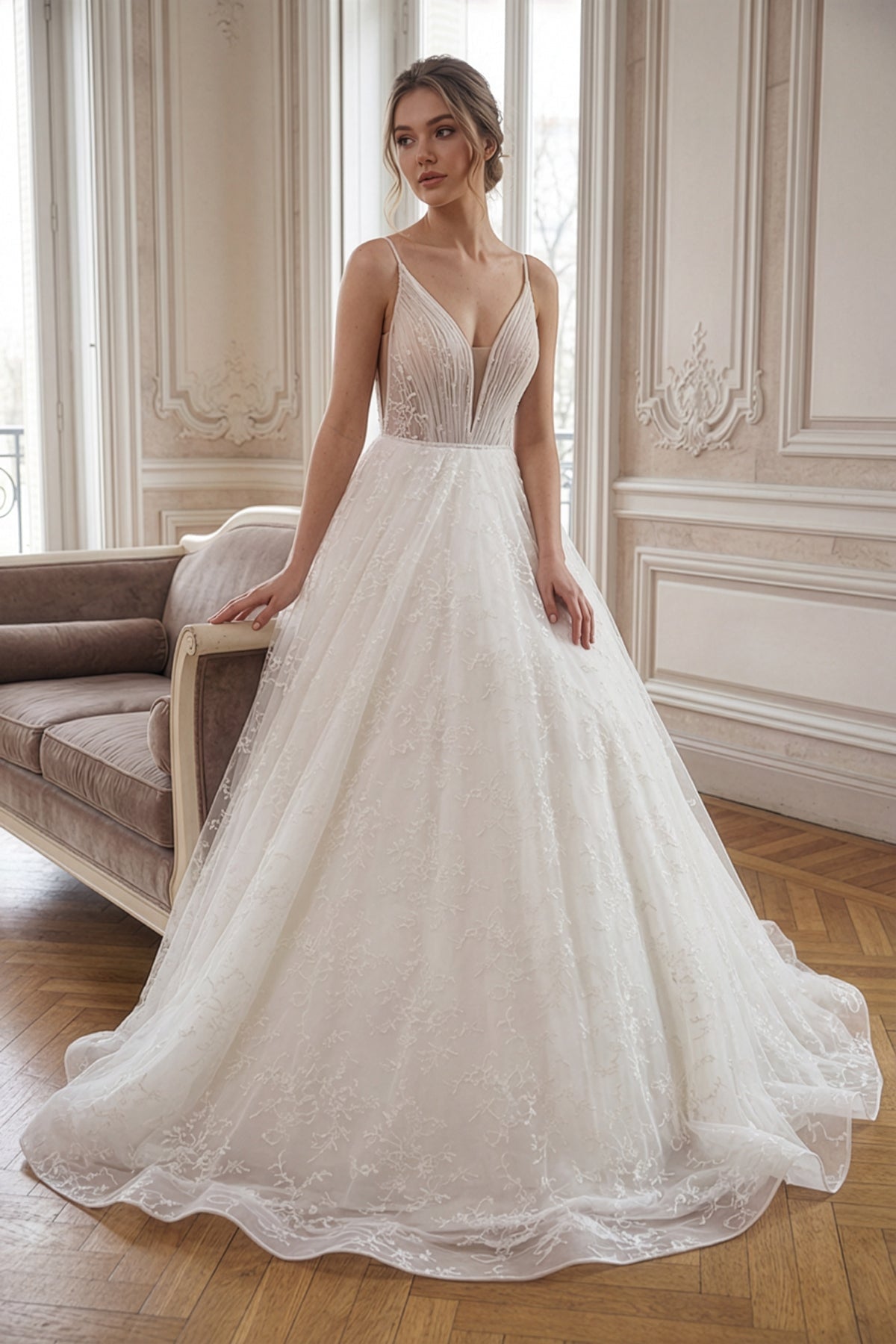 Thin-Strapped Draped Corset Lace Detailed Helen Wedding Dress M/38