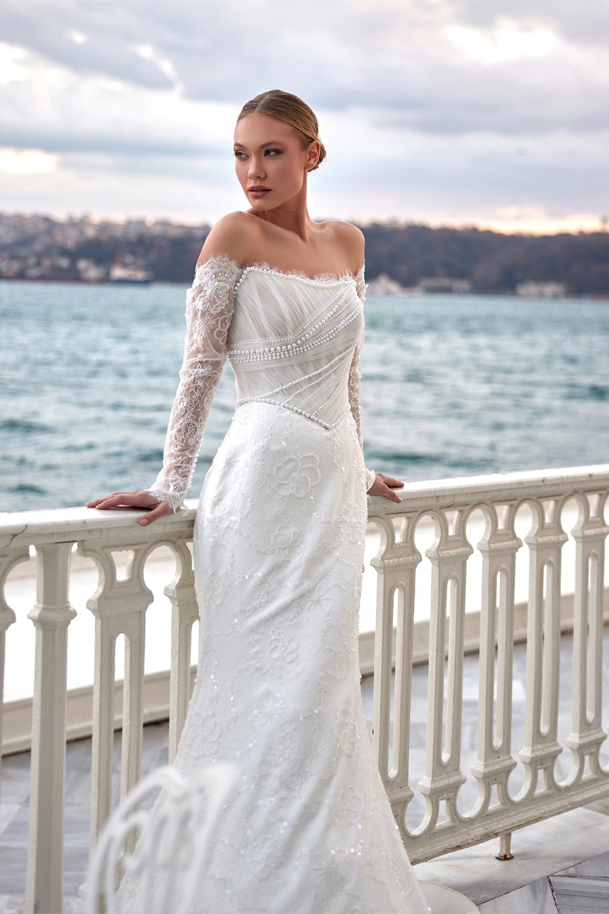 Straight Strapless French Lace Sleeve Diagonal Pearl Embellished Open –  Annabella Bridal
