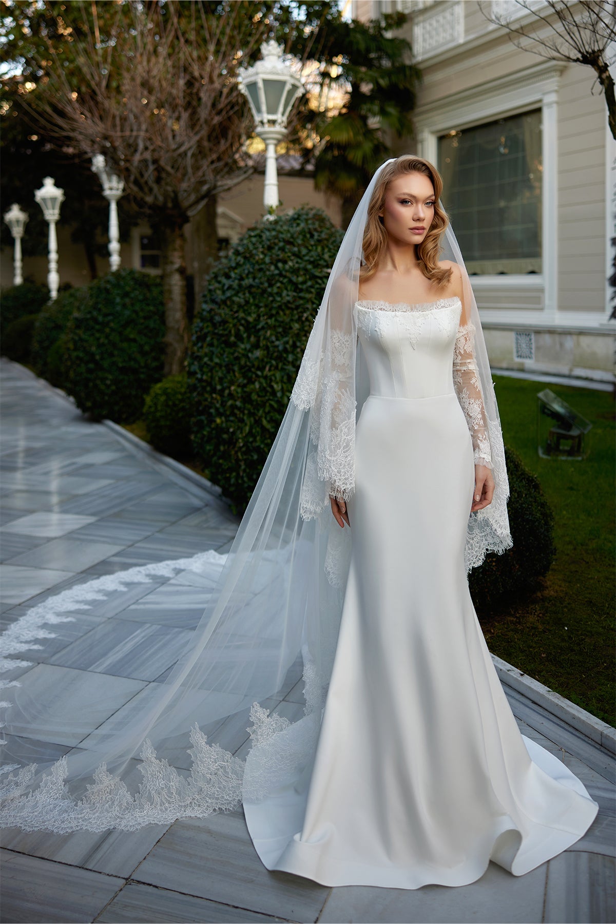 Strapless Plain Satin French Lace Long Sleeve Mermaid Wedding Dress | Annabella Bridal Strapless Plain Satin French Lace Long Sleeve Mermaid Wedding Dress | Annabella Bridal