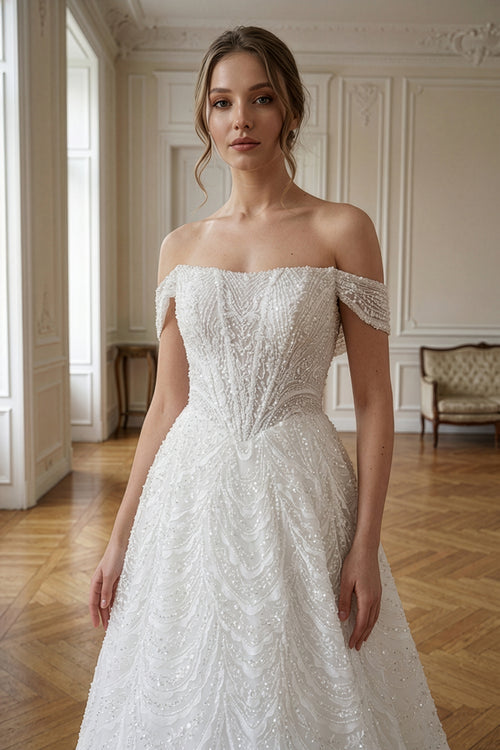 Annabella Düşük Omuz İşlemeli Helen Gelinlik Beyaz