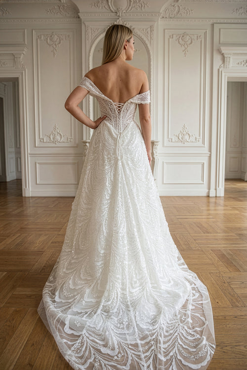 Annabella Düşük Omuz İşlemeli Helen Gelinlik Beyaz