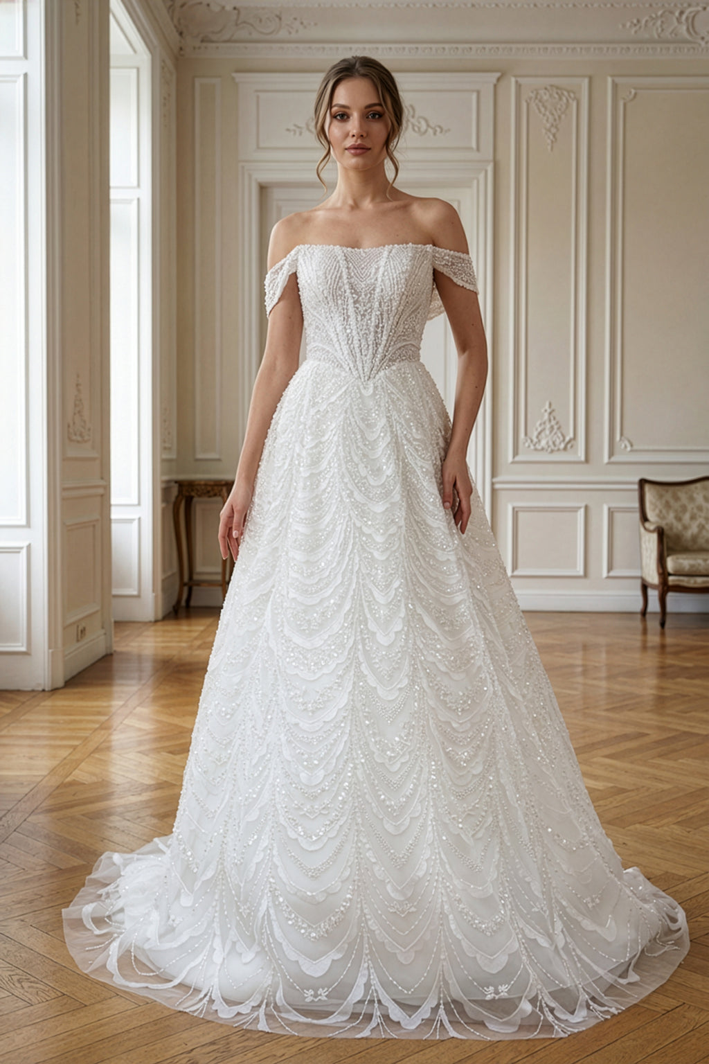 Annabella Düşük Omuz İşlemeli Helen Gelinlik Beyaz