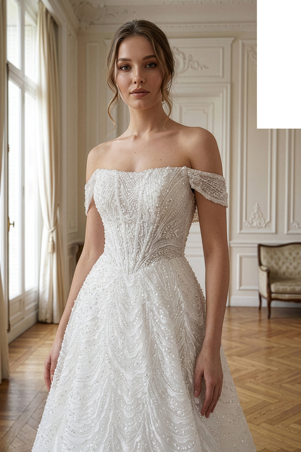 Annabella Düşük Omuz İşlemeli Helen Gelinlik Beyaz