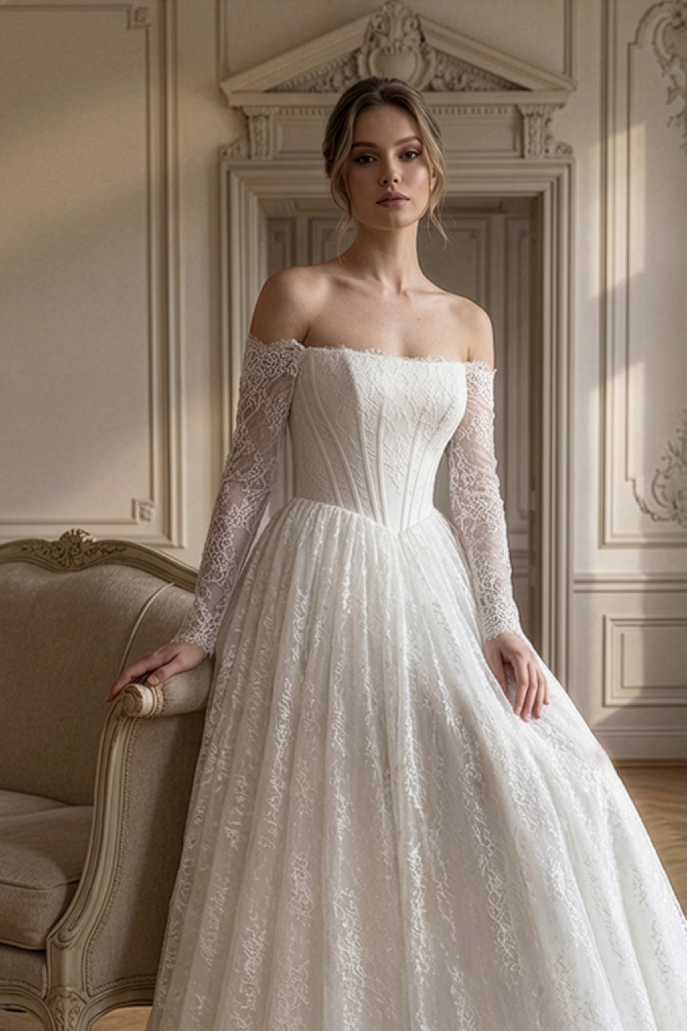 Annabella Helen Gelinlik – Simli Zemin Üzerine İşlenen Zarif Dantel Detaylarıyla Işıltılı ve Zamansız Siluet