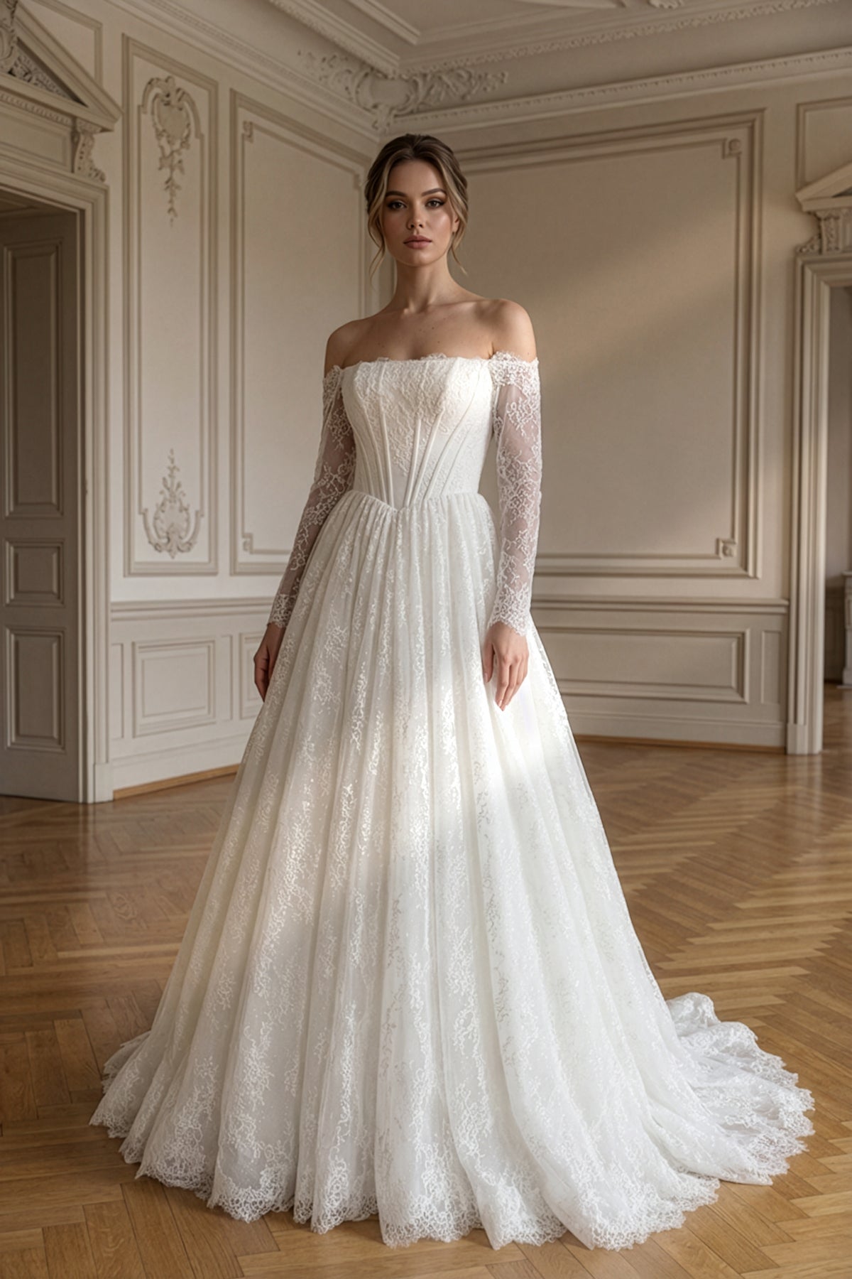 Annabella Helen Gelinlik – Simli Zemin Üzerine İşlenen Zarif Dantel Detaylarıyla Işıltılı ve Zamansız Siluet