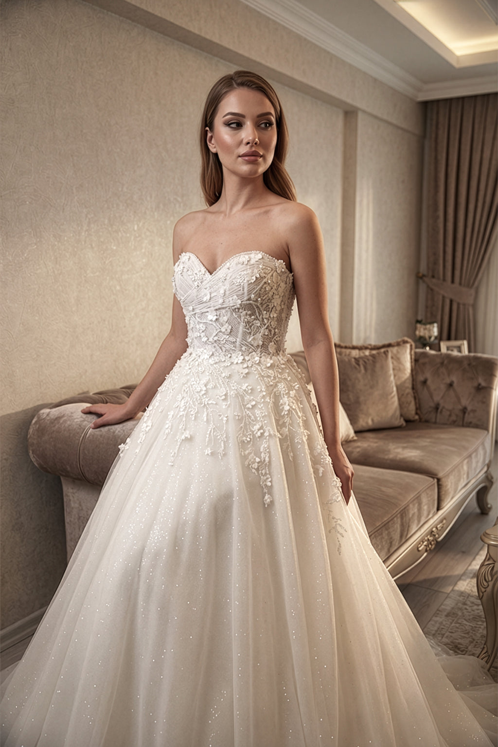 Annabella Helen Gelinlik – Üç Boyutlu Çiçek Detayları ve Simli Dokunun Işıltısıyla Zarif ve Romantik Siluet