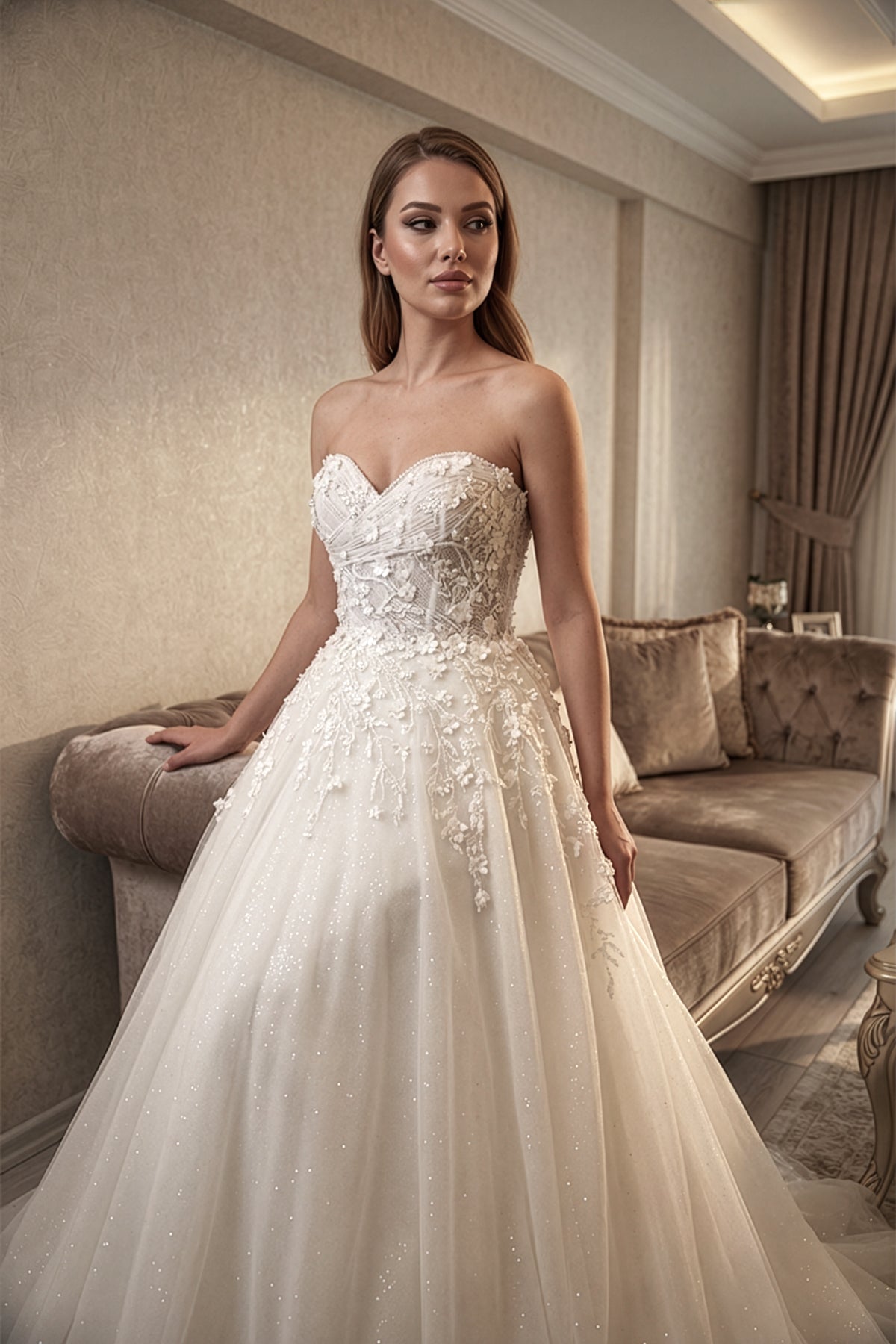 Annabella Helen Gelinlik – Üç Boyutlu Çiçek Detayları ve Simli Dokunun Işıltısıyla Zarif ve Romantik Siluet