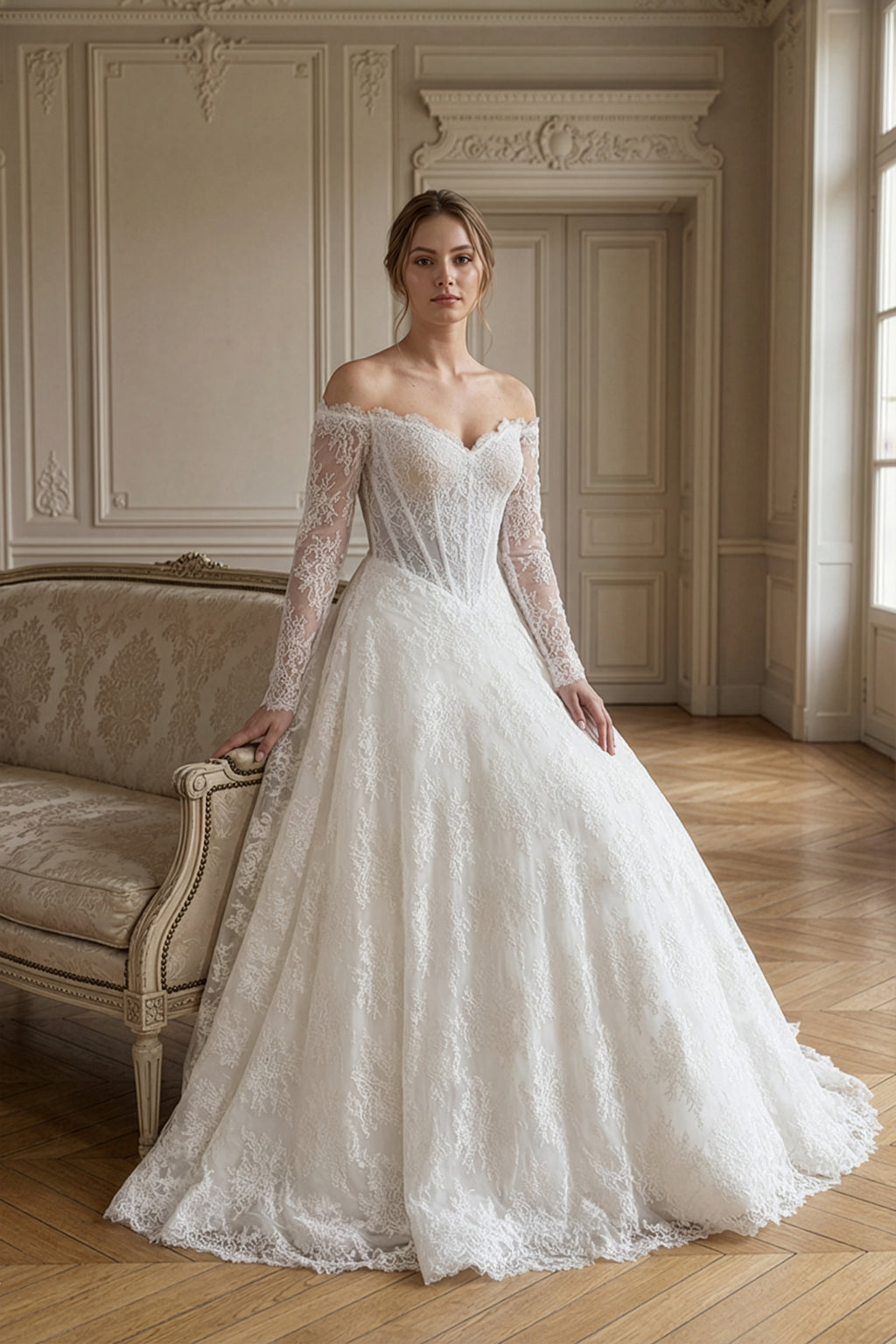 Annabella Helen Gelinlik – Omuzları Açık, Uzun Kollu Zarif Dantel Tasarım