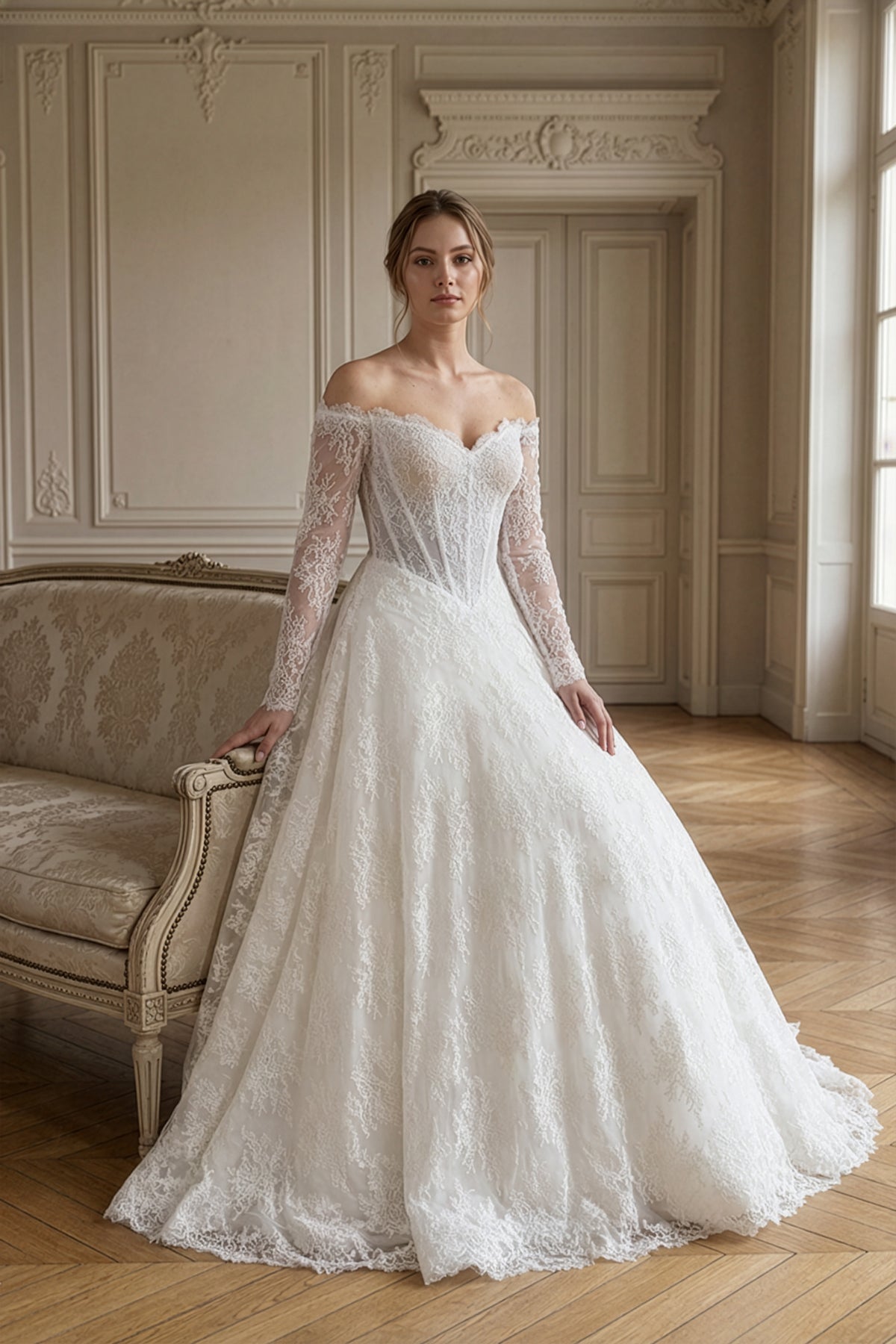 Annabella Helen Gelinlik – Omuzları Açık, Uzun Kollu Zarif Dantel Tasarım