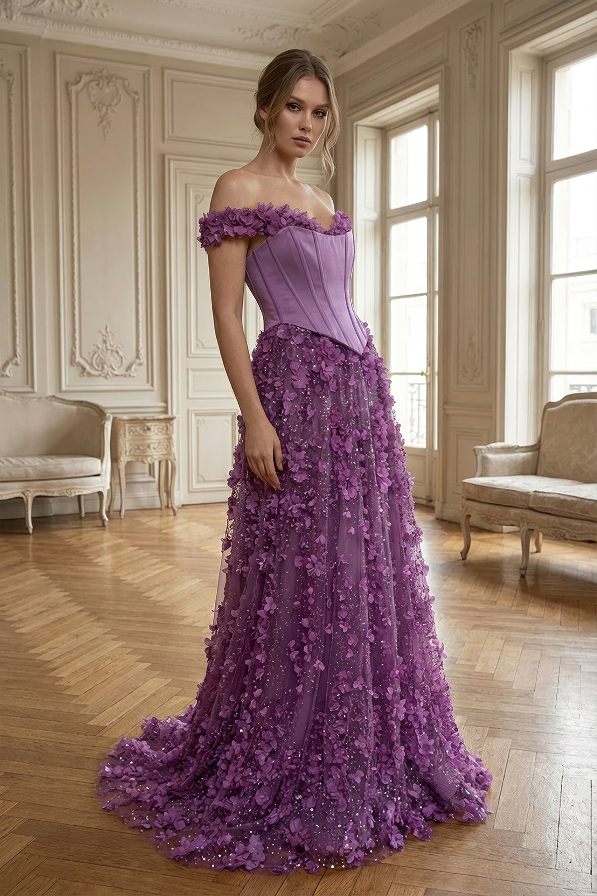 Lila Üç Boyutlu Çiçek Detaylı Helen Abiye