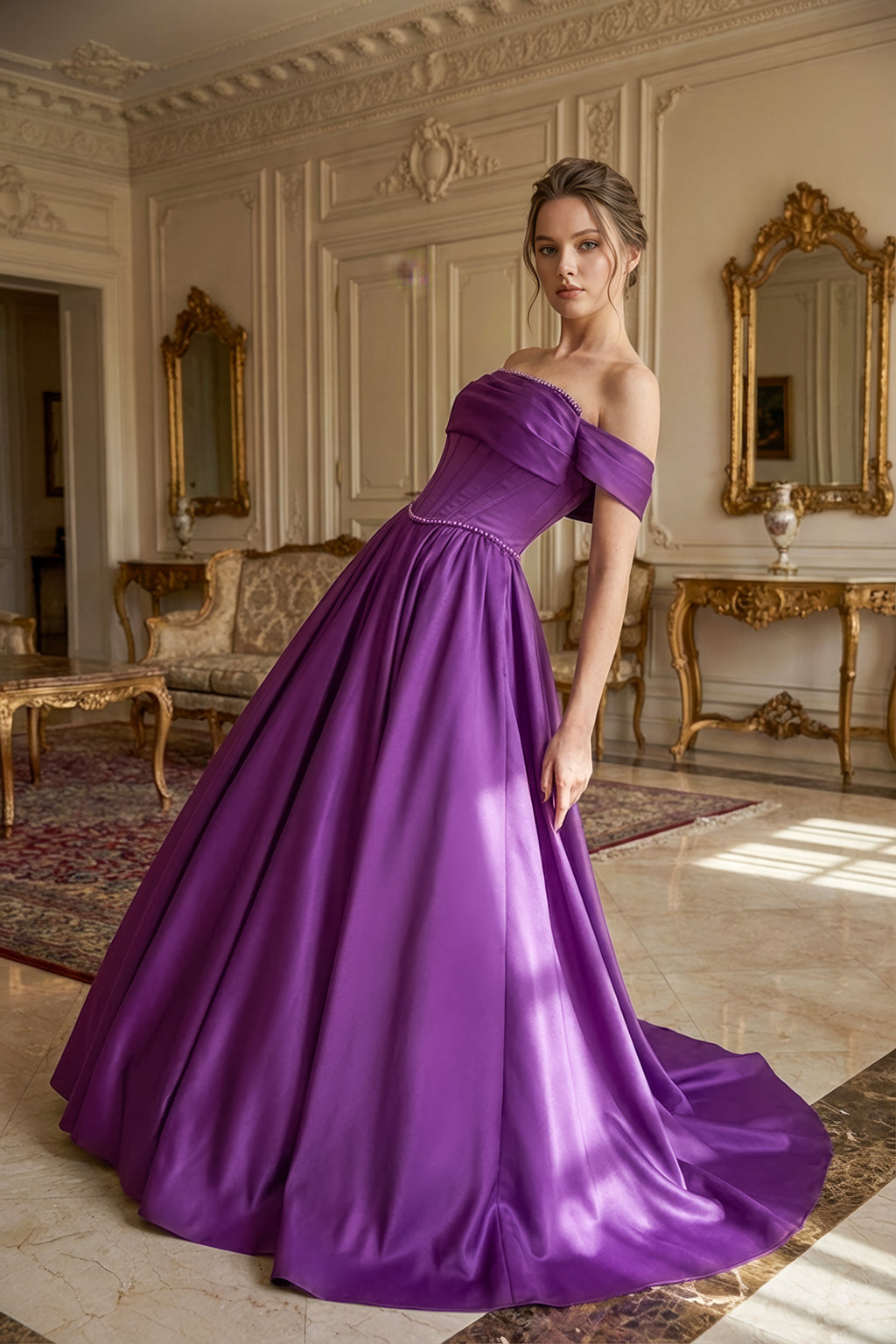 Lila Düşük Omuz Helen Abiye – İnci İşlemeli Korse Büstiyerli Saten Gece Elbisesi