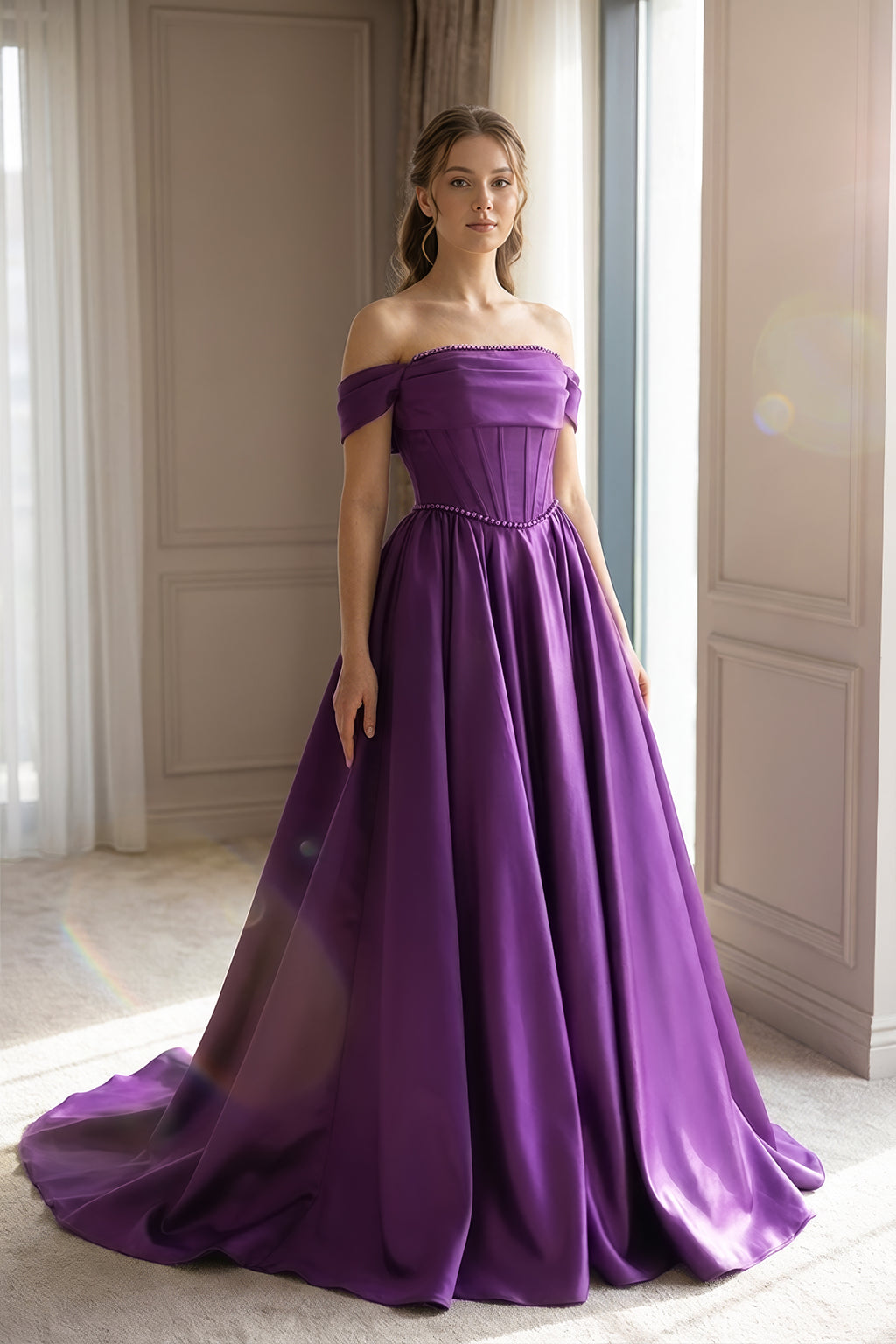 Lila Düşük Omuz Helen Abiye – İnci İşlemeli Korse Büstiyerli Saten Gece Elbisesi