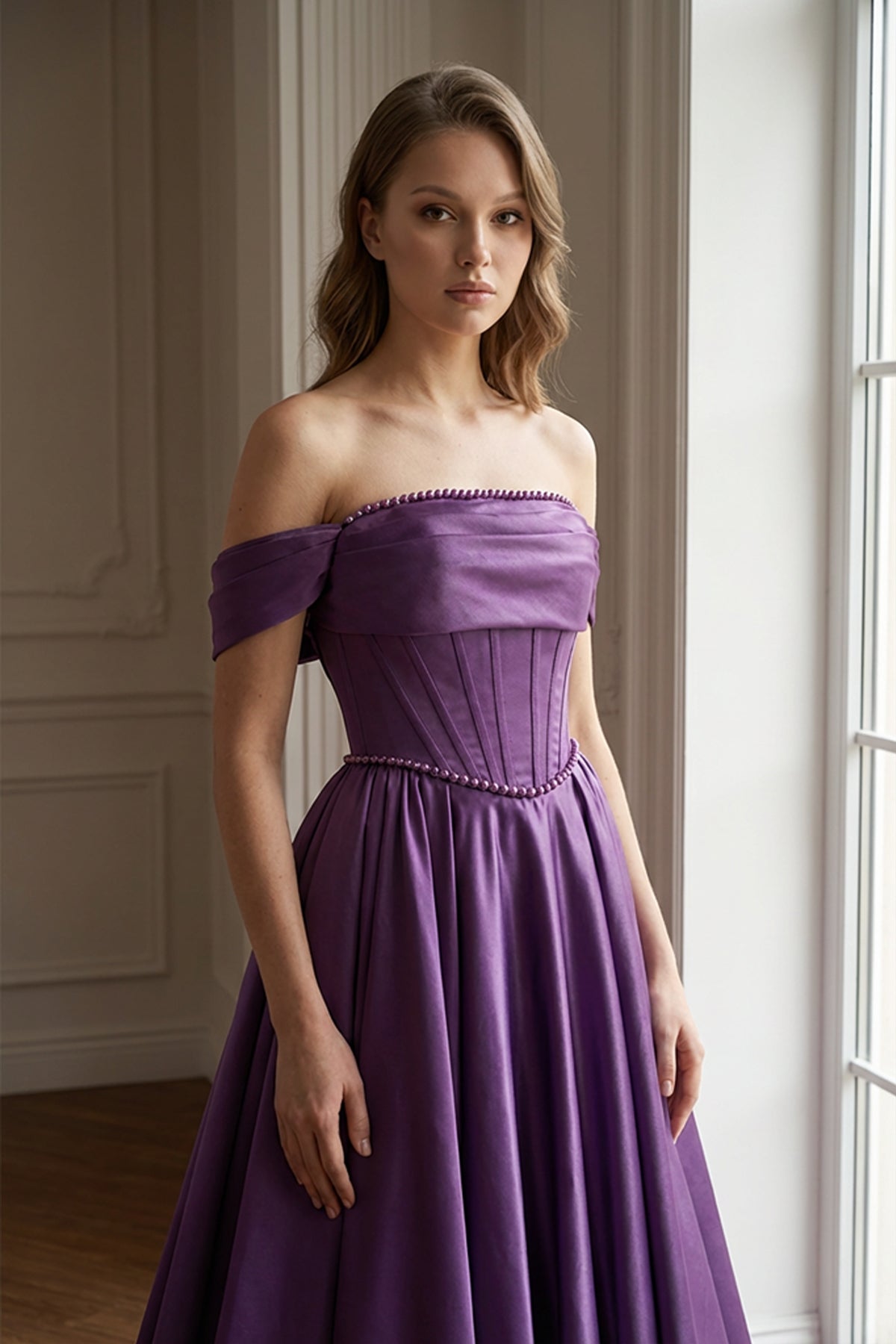 Lila Düşük Omuz Helen Abiye – İnci İşlemeli Korse Büstiyerli Saten Gece Elbisesi