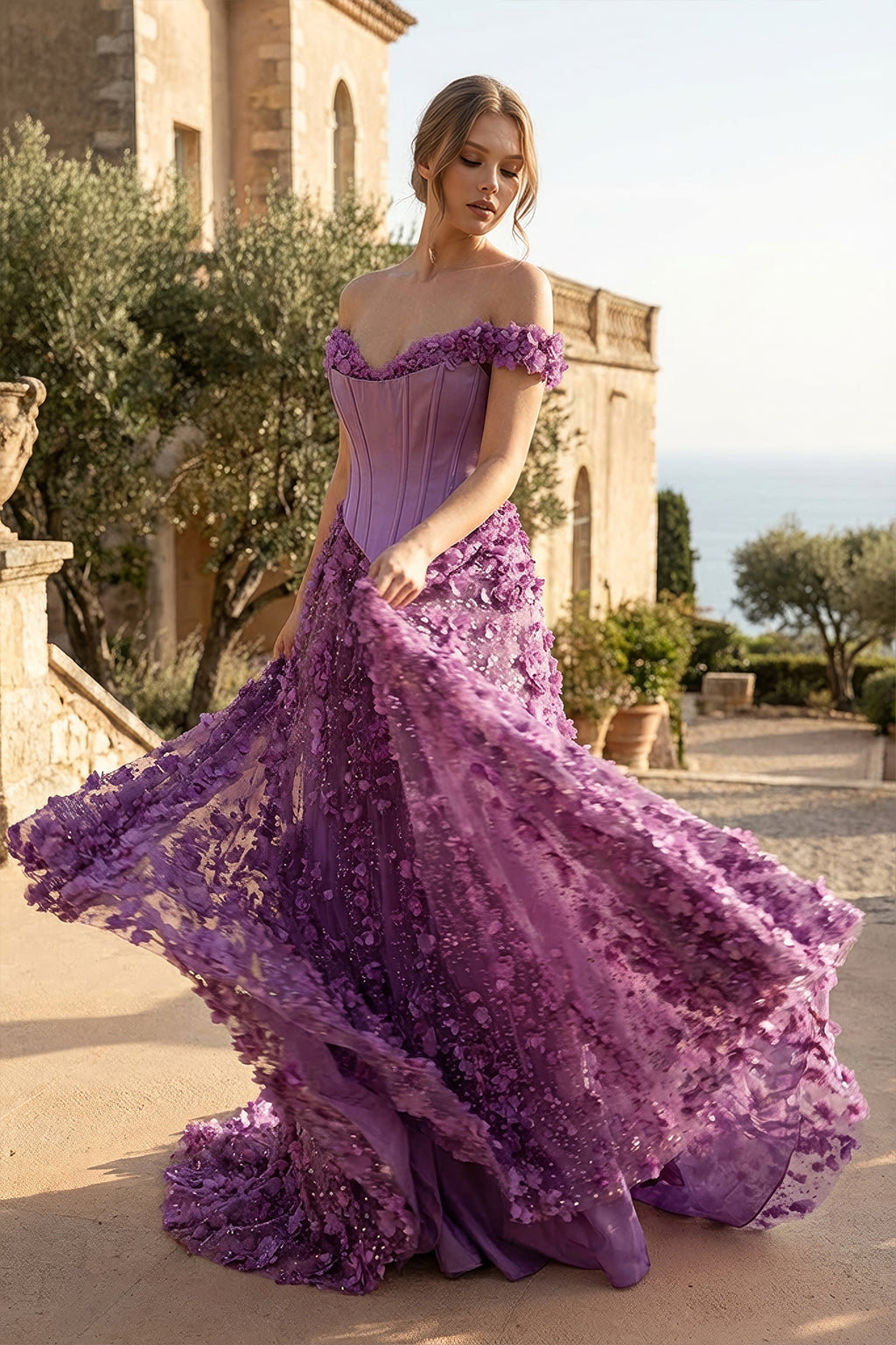 Lila 3D Çiçekli Helen Abiye – Düşük Omuz Korse Büstiyerli ve Tül Etekli Gece Elbisesi