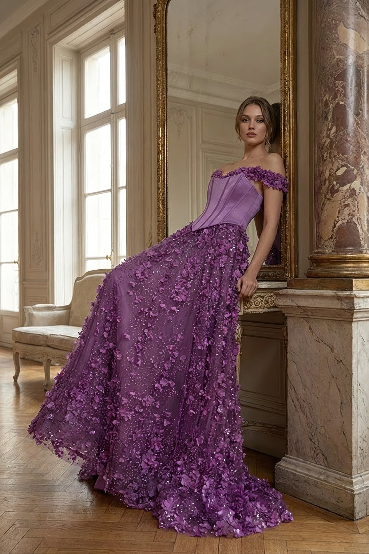 Lila 3D Çiçekli Helen Abiye – Düşük Omuz Korse Büstiyerli ve Tül Etekli Gece Elbisesi