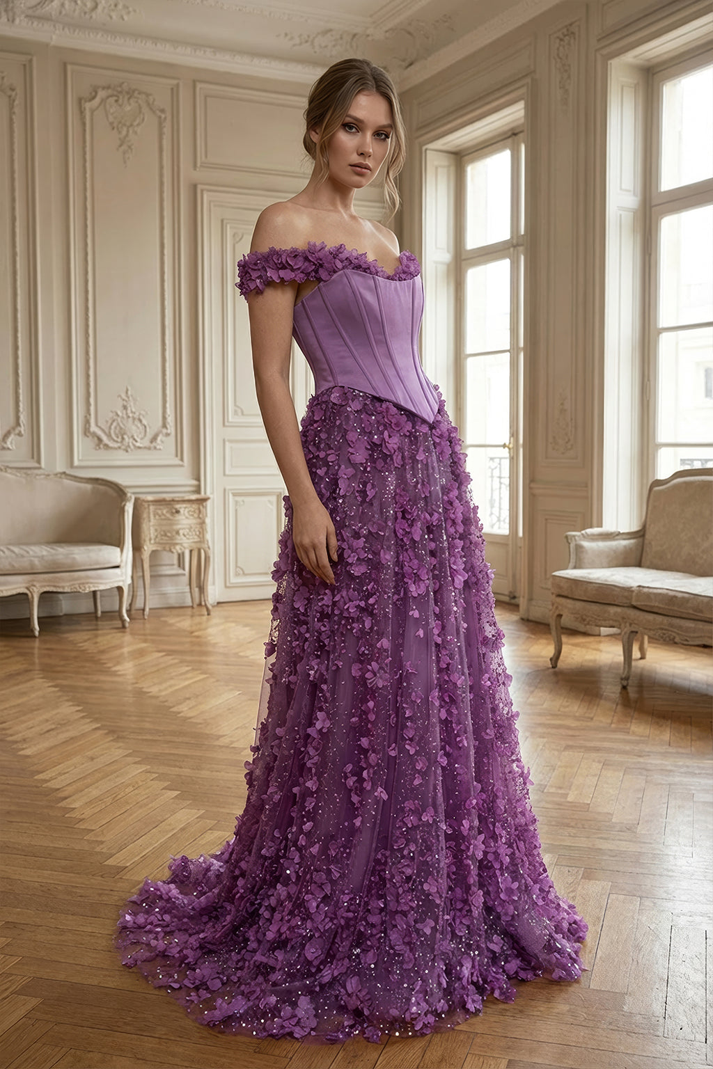 Lila 3D Çiçekli Helen Abiye – Düşük Omuz Korse Büstiyerli ve Tül Etekli Gece Elbisesi