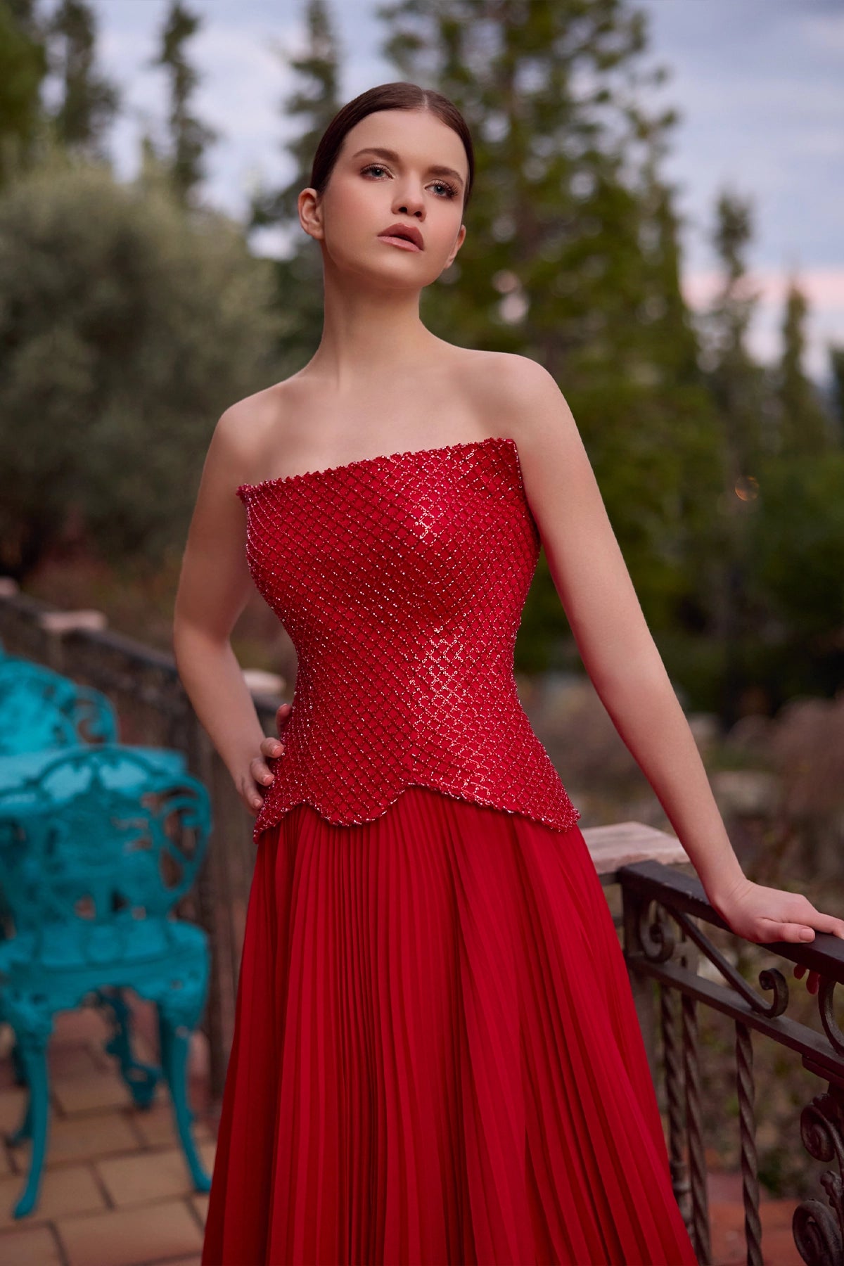 Red Strapless Crystal Diamond Embellished Peplum Corset Pleated A-Line – Annabella Bridal