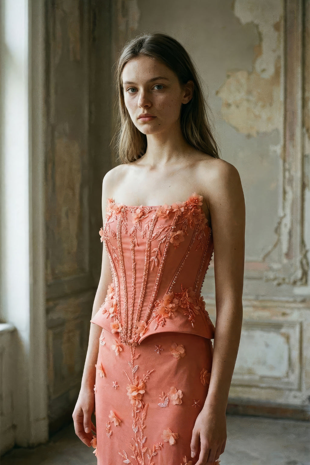 Mercan Balık Model Abiye – 3D Çiçek İşlemeli ve Peplum Detaylı Korse Elbise