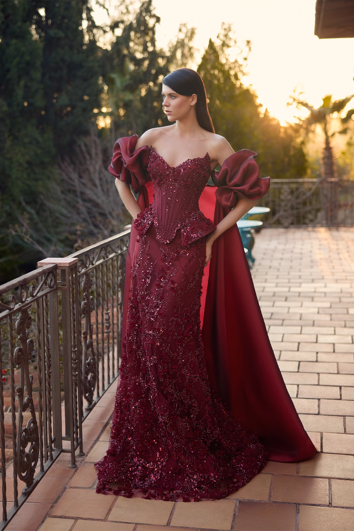 Bordeaux Sweetheart Neck Balloon Sleeve Illusion Corset Peplum Crystal –  Annabella Bridal