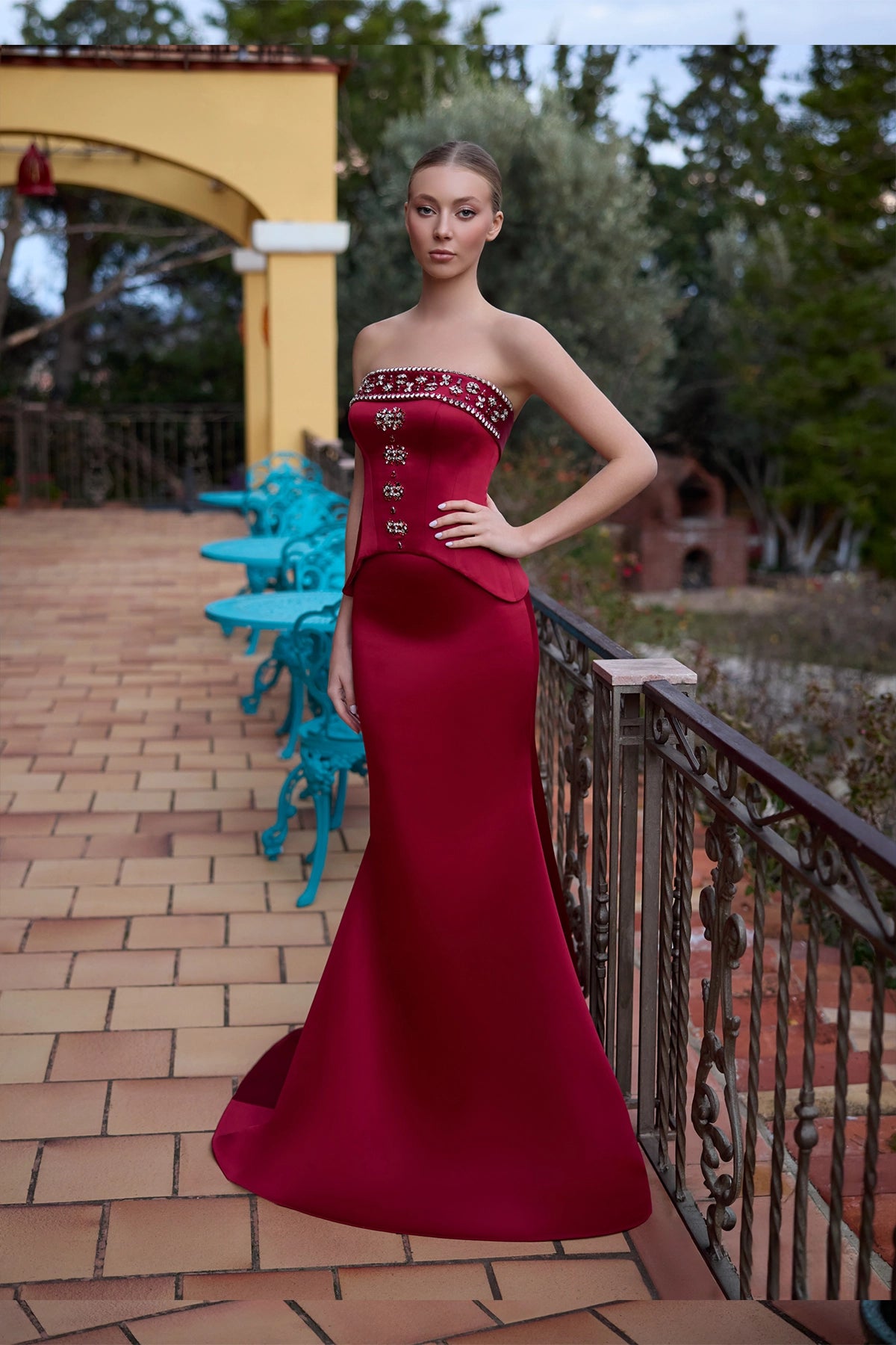 Burgundy Strapless Crystal Embellished Garni Peplum Detail Mermaid Eve Annabella Bridal Burgundy Strapless Crystal Embellished Garni Peplum Detail Mermaid Eve Annabella Bridal