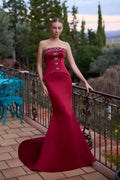 Bordo Straplez Kristal Taşlı Garni Peplum Detaylı Balık Kesim Abiye