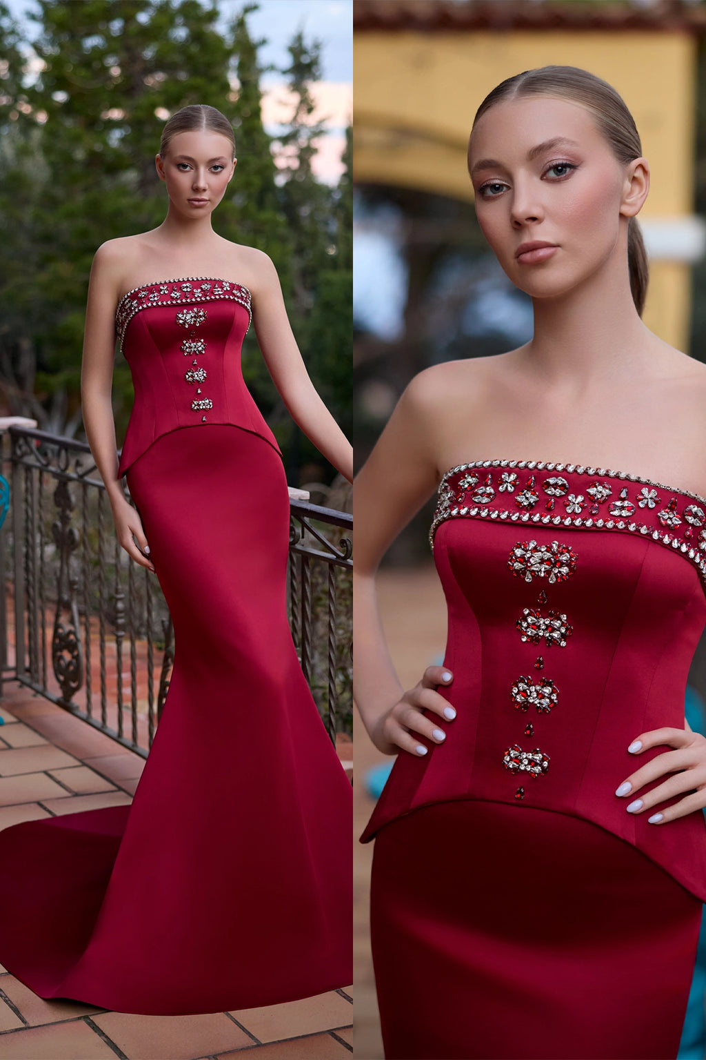 Bordo Straplez Kristal Taşlı Garni Peplum Detaylı Balık Kesim Abiye