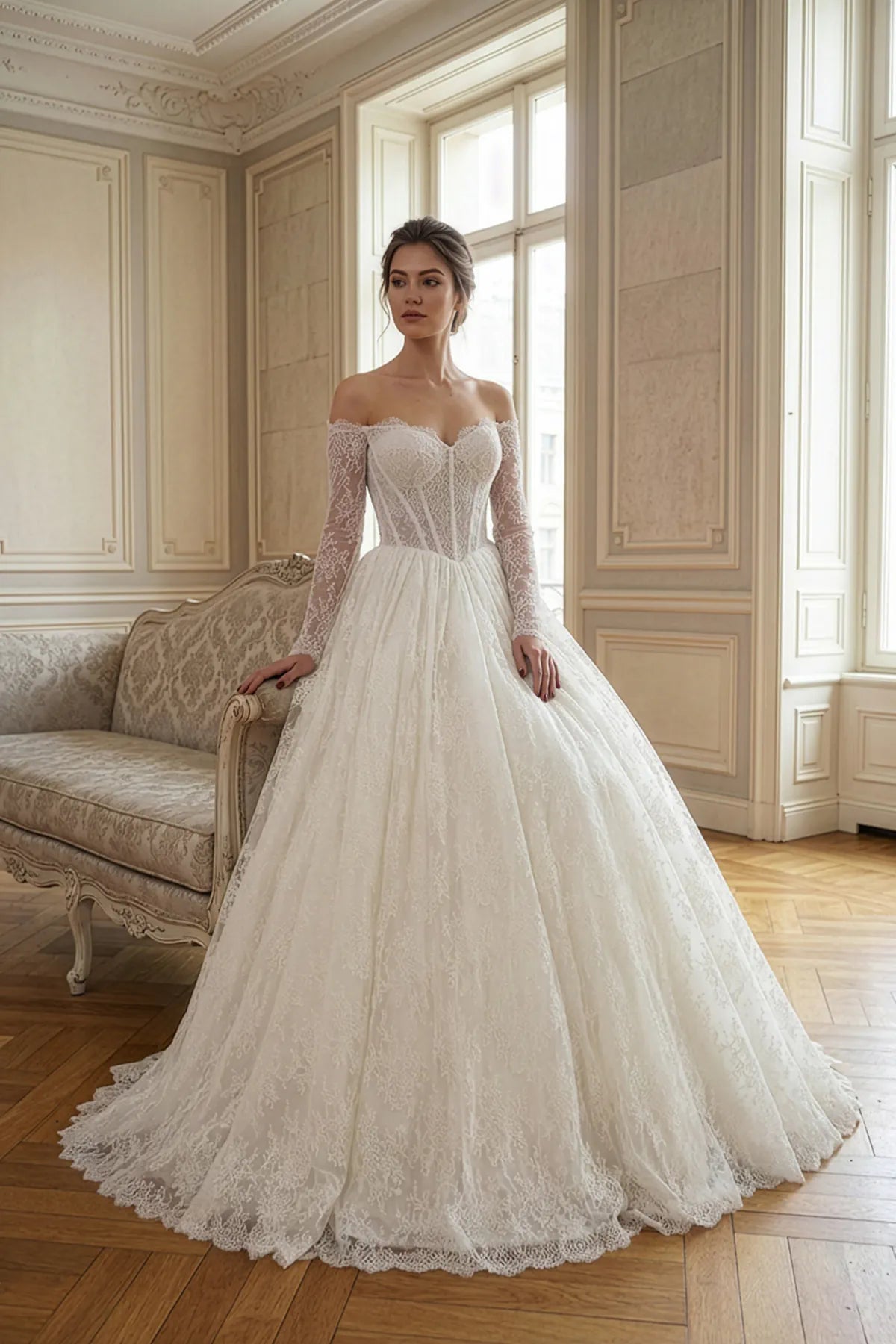 Off-the-Shoulder Long Sleeve Transparent Boned Corset Helen Wedding Dress S/36