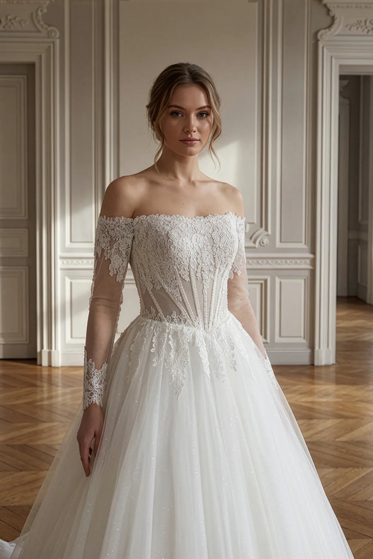 Düşük Omuzlu Transparan Balen Korse Tül Etekli A Kesim Gelinlik