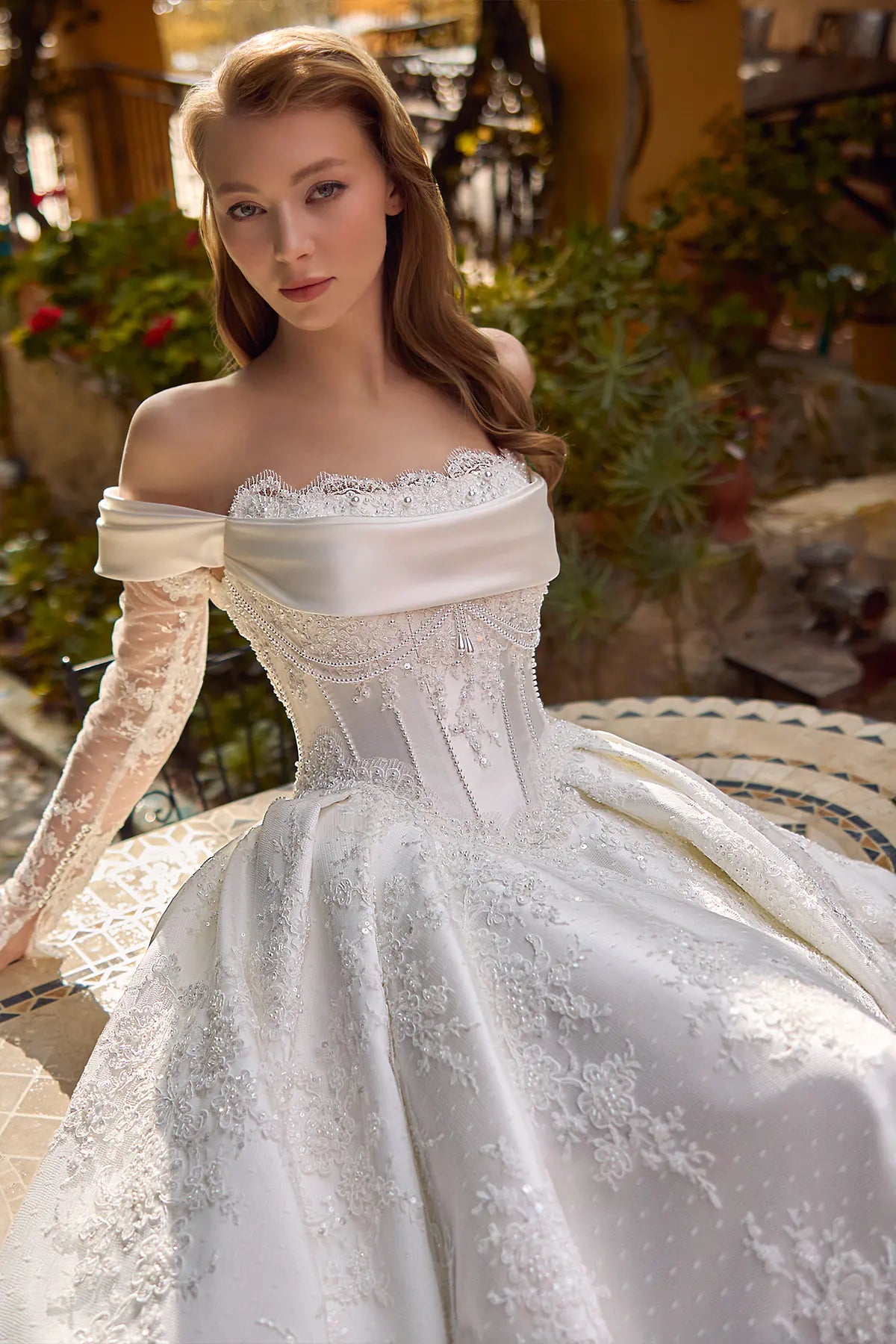 Off-Shoulder Satin Draped Transparent Boned Corset Crystal Pendant Lon – Annabella Bridal