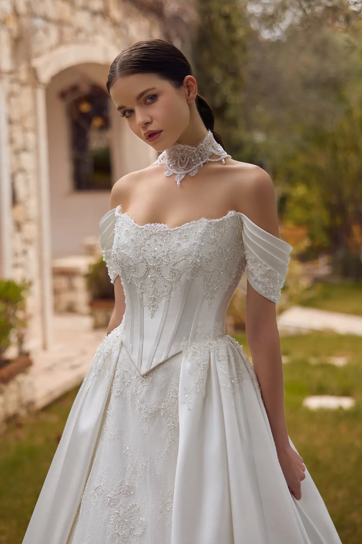Off-Shoulder Sweetheart Corset Top Lace Appliqued Satin Princess Weddi – Annabella Bridal