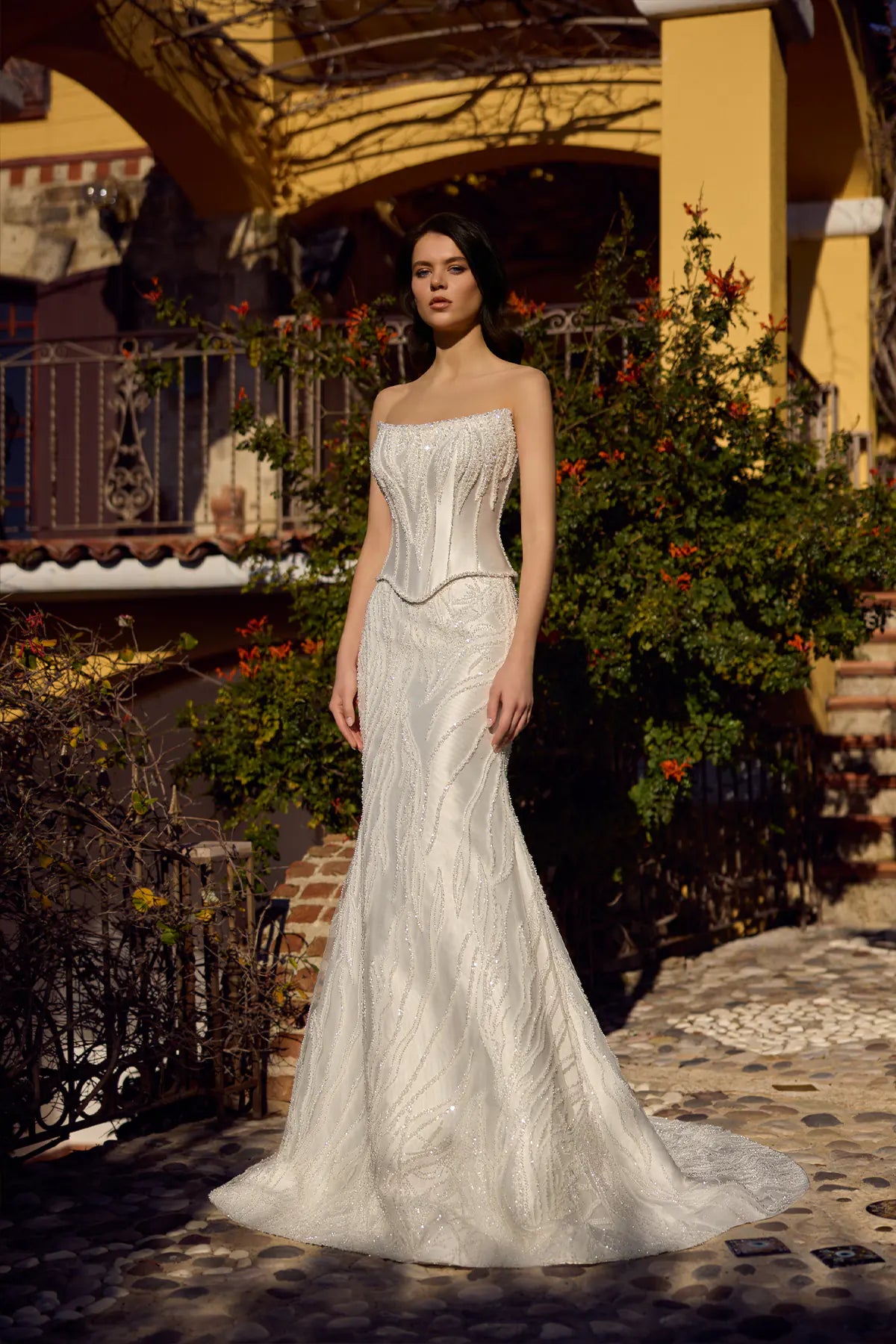 Strapless Satin Peplum Corset Top with Crystal Vine Pattern Embroidered Glitter Tulle Mermaid Wedding Dress XL/42