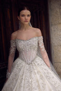 Prenses Gelinlik - Off-Shoulder Transparan Balenli Korset Gelinlik