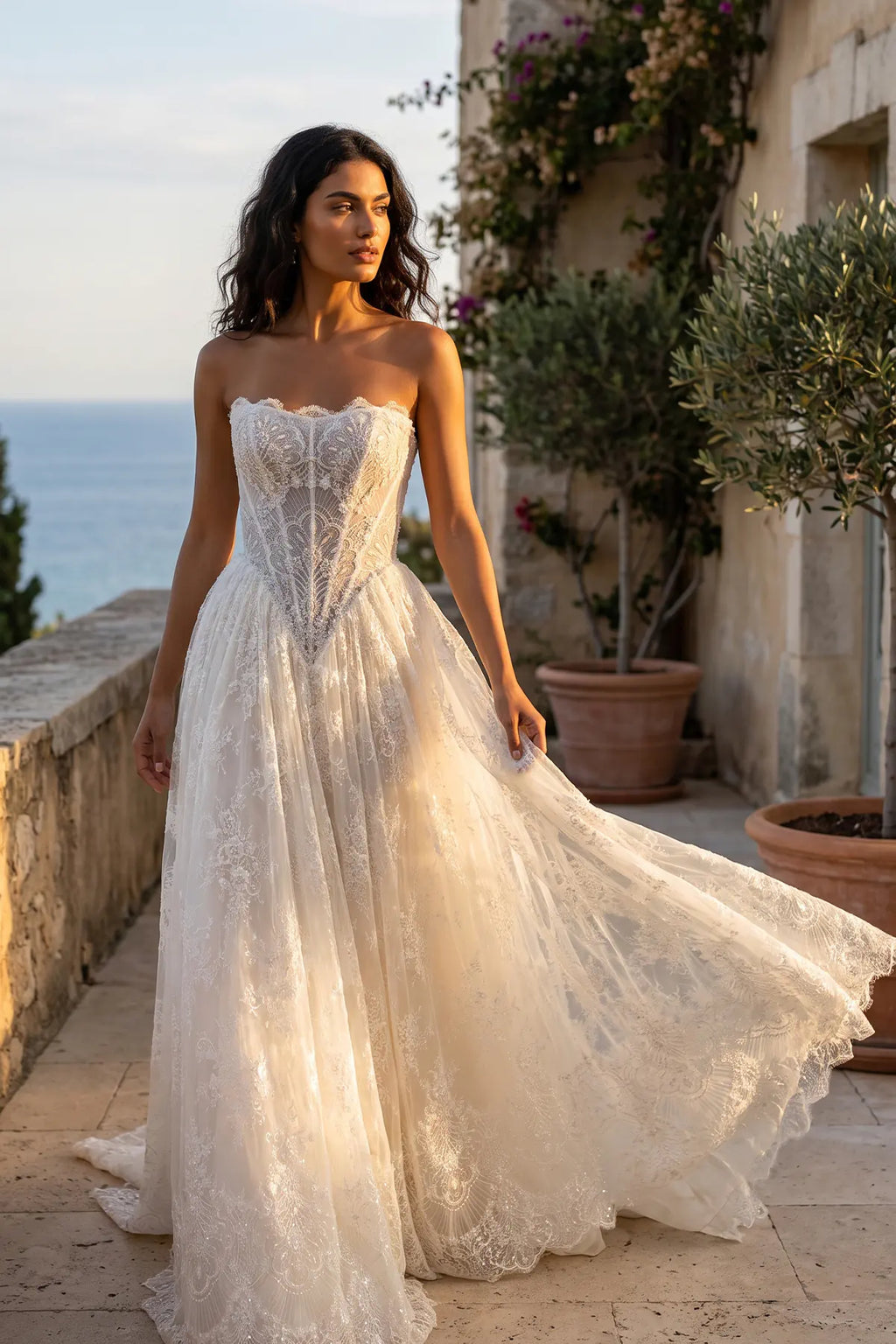Straplez Scallop Bordürlü Art Deco Dantel Korseli Jakarlı Dantel Glitter Tül A Kesim Gelinlik | Annabella Bridal