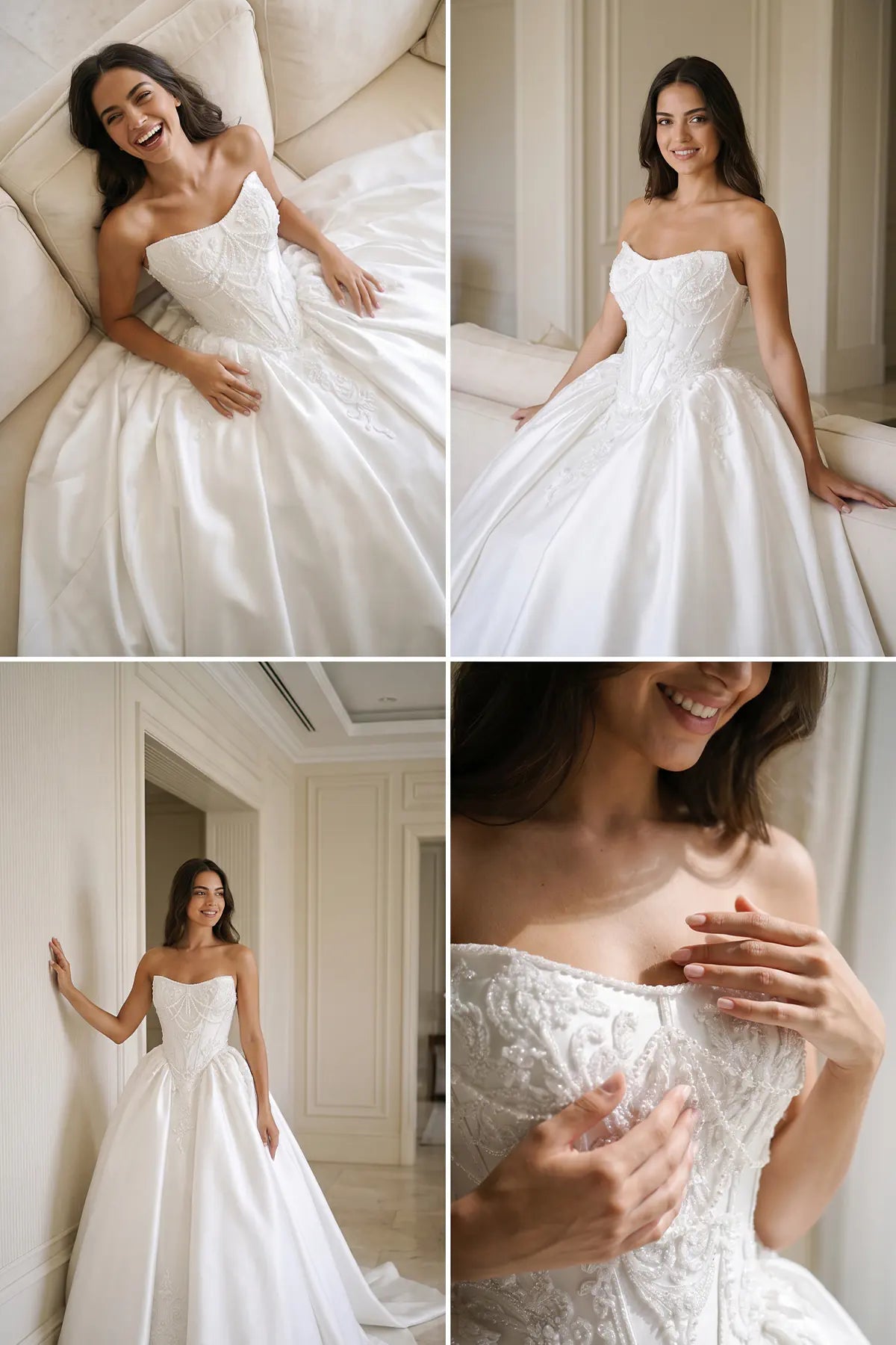 Straplez Kalp Yaka Sallantılı İnci Zincirli Barok Dantel Aplike Saten Prenses Gelinlik | Annabella Bridal