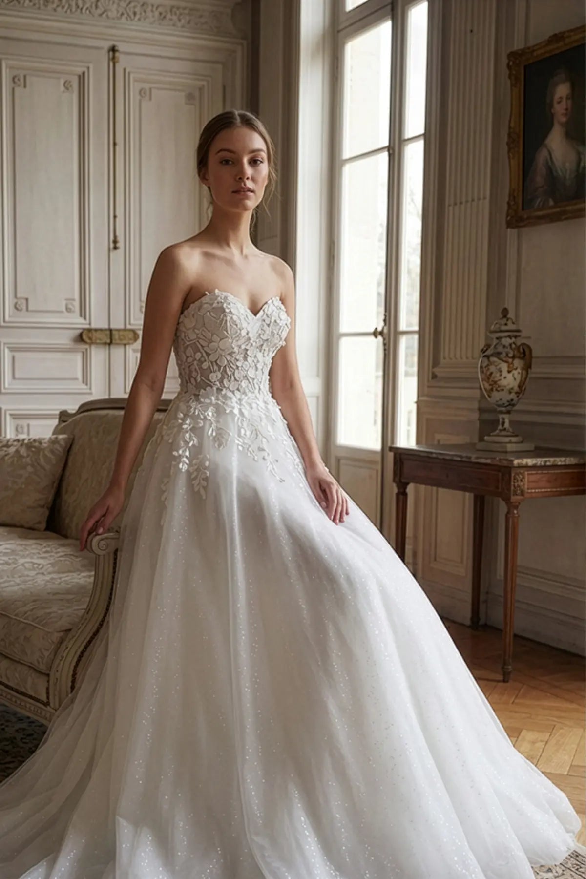 3D Floral Embroidered Sweetheart Neckline Shimmering A-Line Wedding Dr Annabella Bridal 3D Floral Embroidered Sweetheart Neckline Shimmering A-Line Wedding Dr Annabella Bridal