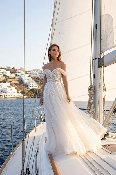 Off-Shoulder Sweetheart Neck 3D Lace Floral Applique Transparent Corset Tulle A-Line Wedding Dress