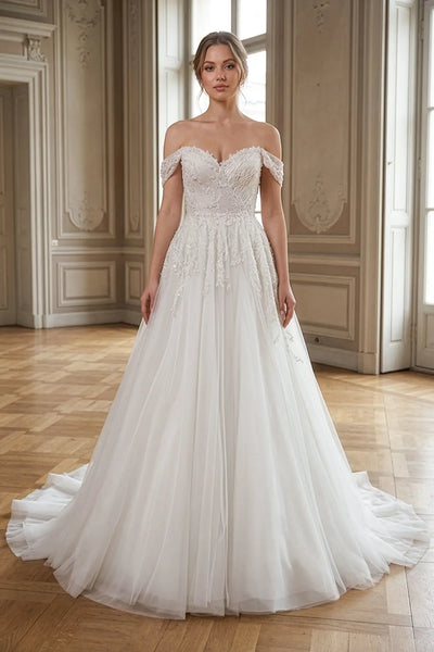 Off-Shoulder Sweetheart Neckline Lace Floral Applique Embroidered Lace-Up Back Tulle A-Line Wedding Dress