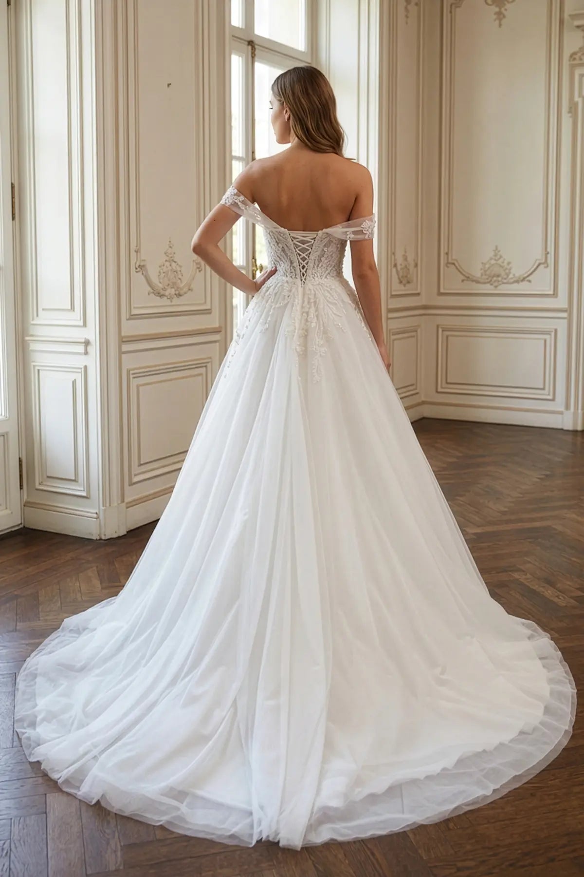 Off-Shoulder Sweetheart Neckline Lace Floral Applique Embroidered Lace-Up Back Tulle A-Line Wedding Dress - S/36 Off-Shoulder Sweetheart Neckline Lace Floral Applique Embroidered Lace-Up Back Tulle A-Line Wedding Dress - S/36