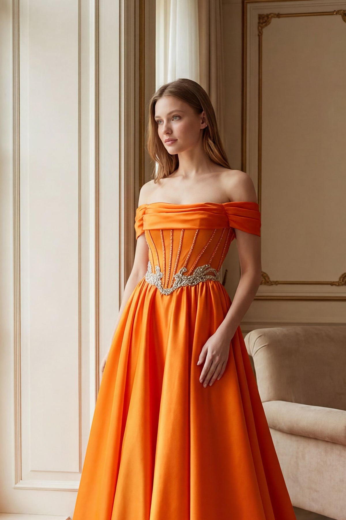 Turuncu Düşük Omuz Helen Kesim Abiye