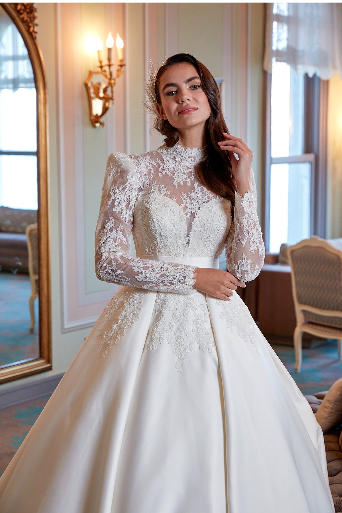 Annabella Vatka Kollu Pullu Lez Drape Kalın Kemer Pileli Kabarık Gelinlik - Annabella Bridal – Modern ve Zamansız Gelinlik Tasarımları - Annabella