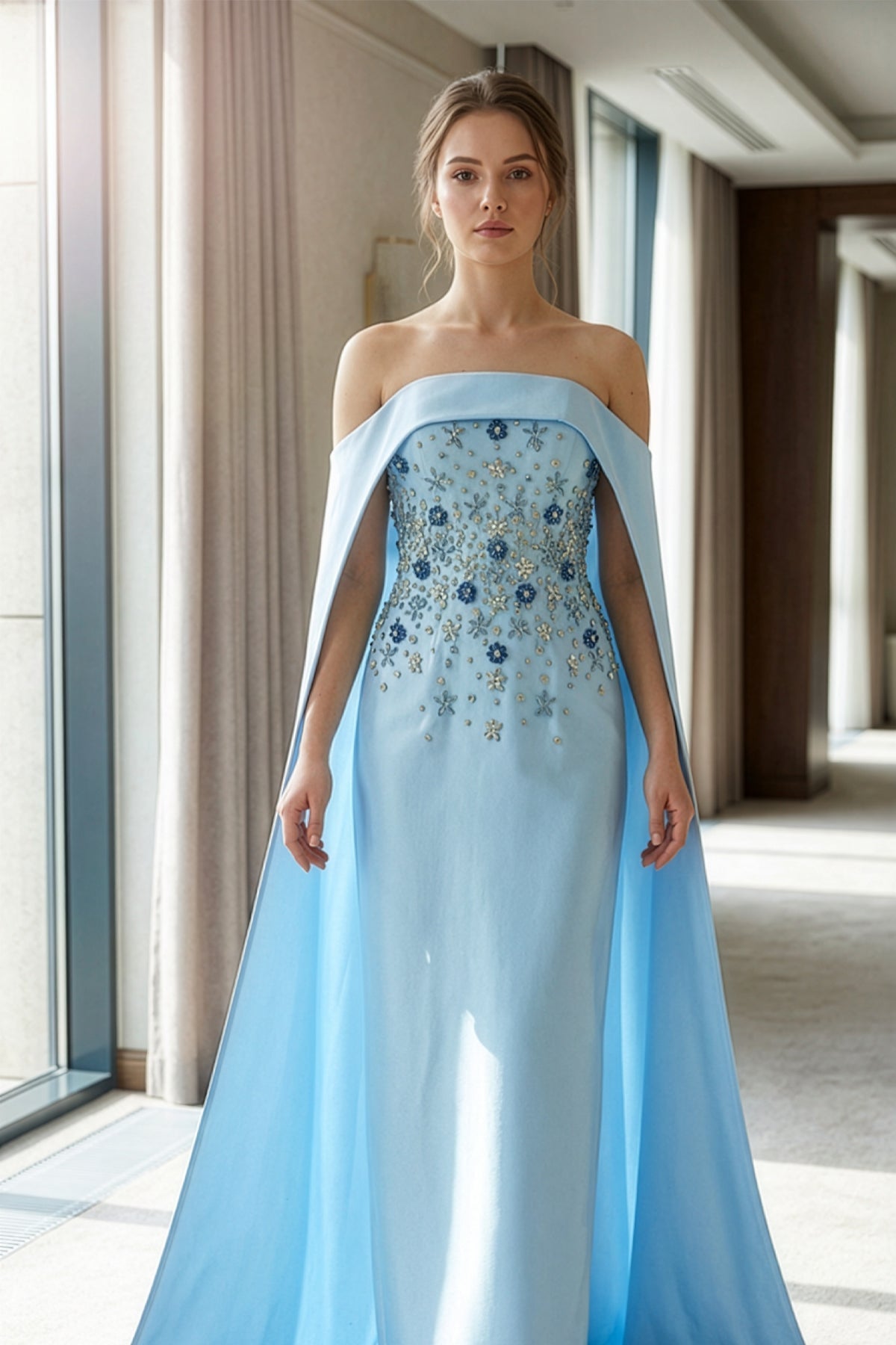 Buz Mavisi Cape Pelerinli Kristal İşlemeli Straplez Kalem Abiye - Annabella Bridal – Modern ve Zamansız Gelinlik Tasarımları - Annabella