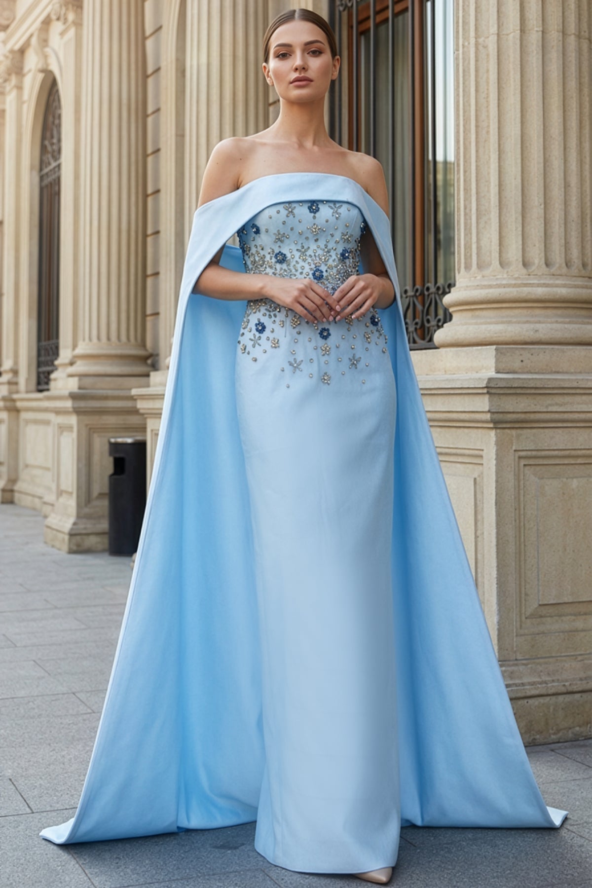 Buz Mavisi Cape Pelerinli Kristal İşlemeli Straplez Kalem Abiye - Annabella Bridal – Modern ve Zamansız Gelinlik Tasarımları - Annabella