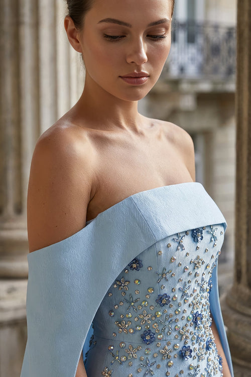 Buz Mavisi Cape Pelerinli Kristal İşlemeli Straplez Kalem Abiye - Annabella Bridal – Modern ve Zamansız Gelinlik Tasarımları - Annabella