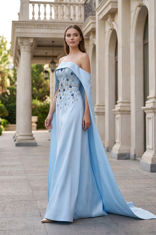 Buz Mavisi Cape Pelerinli Kristal İşlemeli Straplez Kalem Abiye - Annabella Bridal – Modern ve Zamansız Gelinlik Tasarımları - Annabella