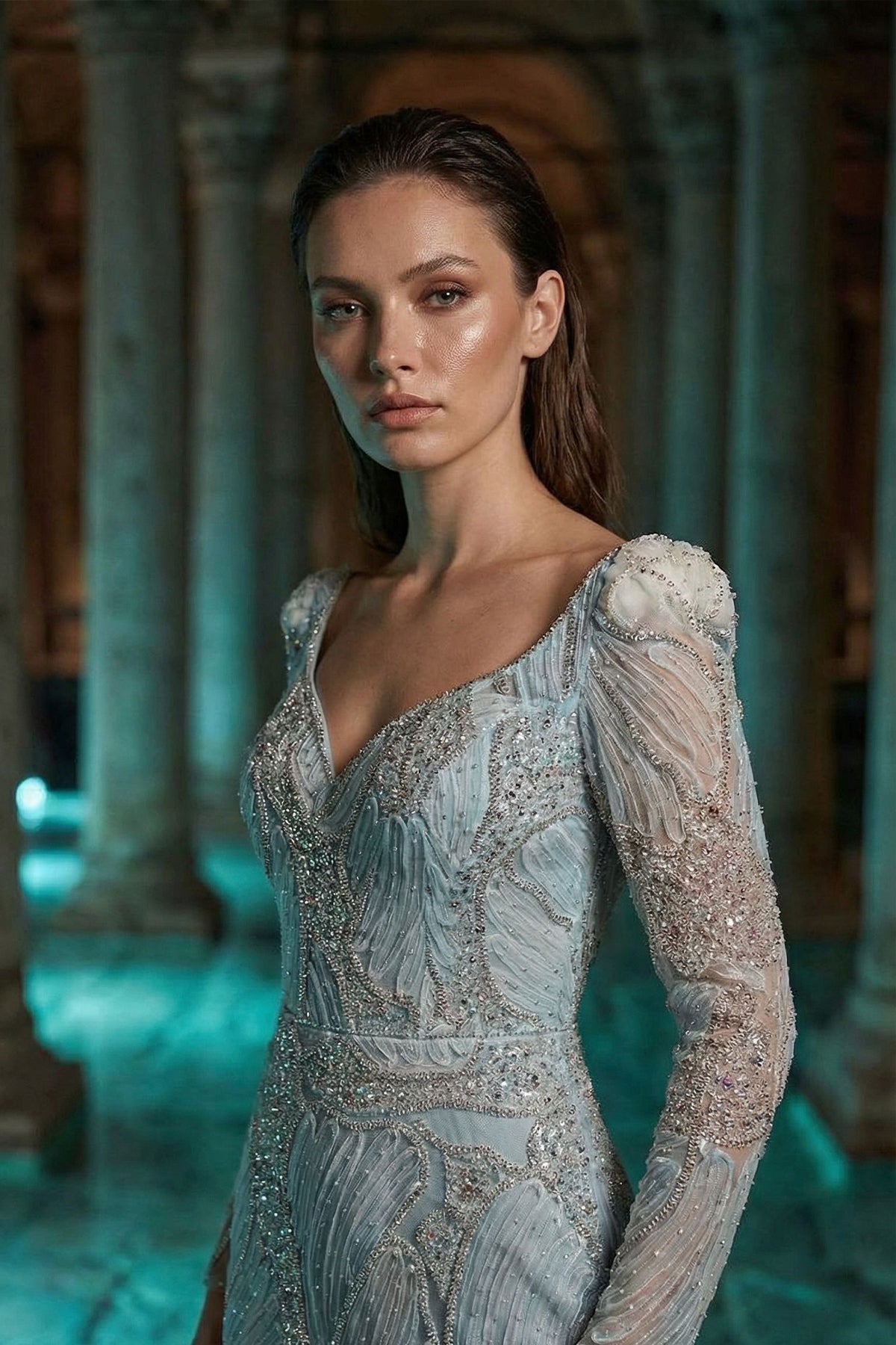 Buz Mavisi Uzun Kollu Kristal İşlemeli Balık Kesim Abiye - Annabella Bridal – Modern ve Zamansız Gelinlik Tasarımları - Annabella