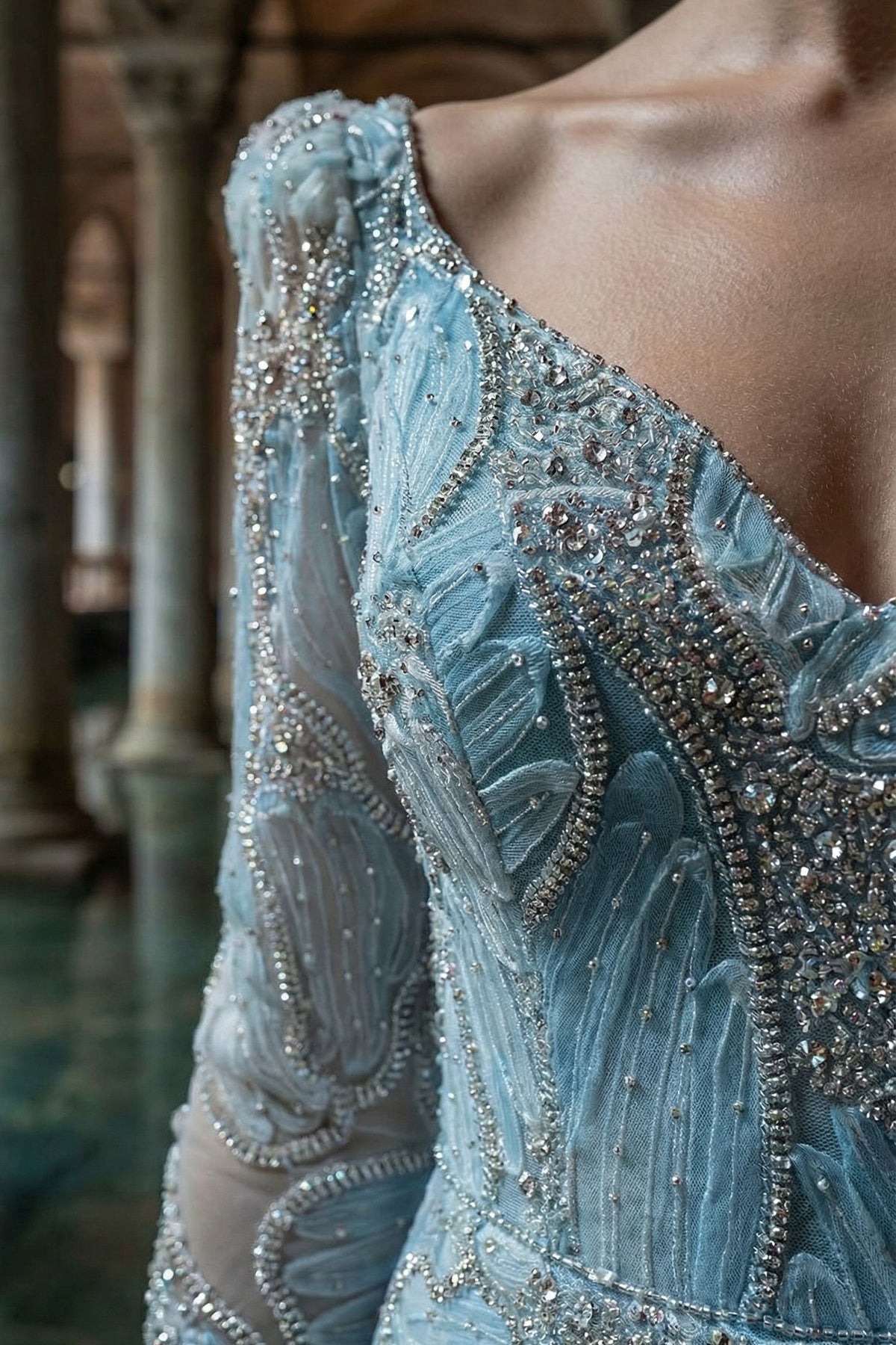 Buz Mavisi Uzun Kollu Kristal İşlemeli Balık Kesim Abiye - Annabella Bridal – Modern ve Zamansız Gelinlik Tasarımları - Annabella